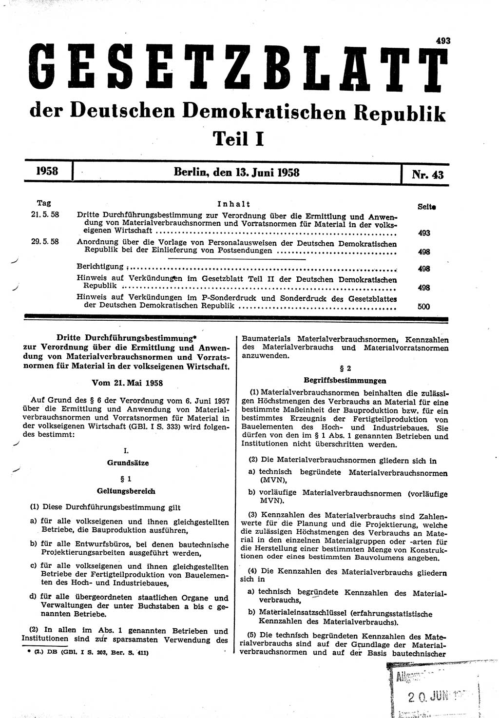 Gesetzblatt (GBl.) der Deutschen Demokratischen Republik (DDR) Teil Ⅰ 1958, Seite 493 (GBl. DDR Ⅰ 1958, S. 493)