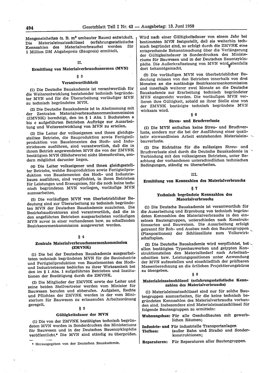 Gesetzblatt (GBl.) der Deutschen Demokratischen Republik (DDR) Teil Ⅰ 1958, Seite 494 (GBl. DDR Ⅰ 1958, S. 494)