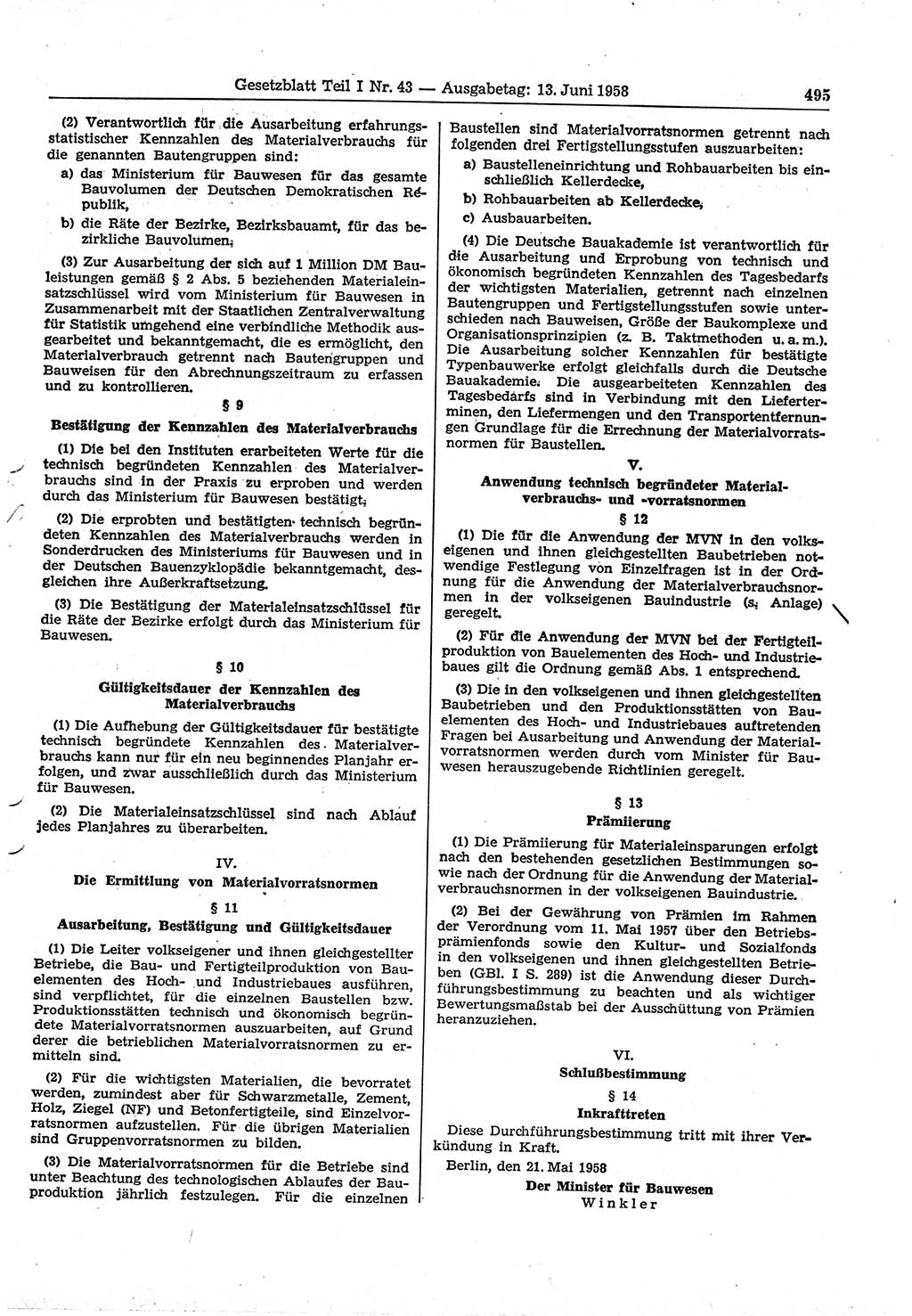 Gesetzblatt (GBl.) der Deutschen Demokratischen Republik (DDR) Teil Ⅰ 1958, Seite 495 (GBl. DDR Ⅰ 1958, S. 495)