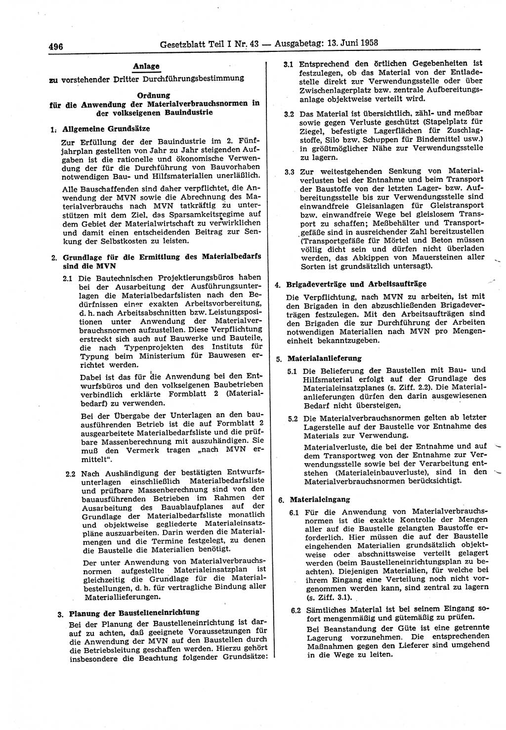 Gesetzblatt (GBl.) der Deutschen Demokratischen Republik (DDR) Teil Ⅰ 1958, Seite 496 (GBl. DDR Ⅰ 1958, S. 496)