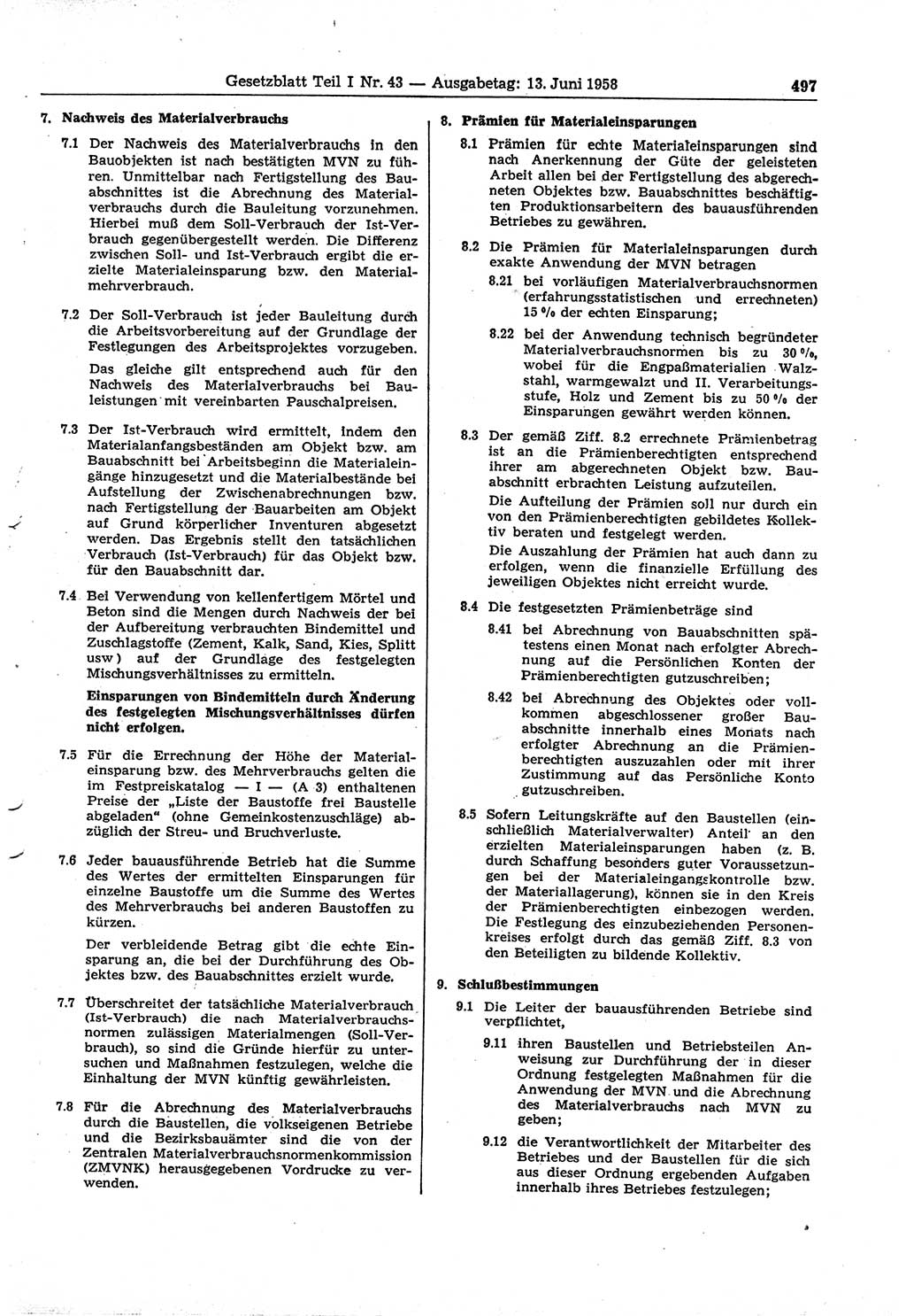 Gesetzblatt (GBl.) der Deutschen Demokratischen Republik (DDR) Teil Ⅰ 1958, Seite 497 (GBl. DDR Ⅰ 1958, S. 497)