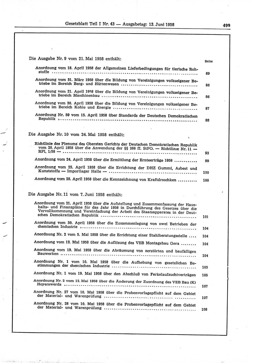 Gesetzblatt (GBl.) der Deutschen Demokratischen Republik (DDR) Teil Ⅰ 1958, Seite 499 (GBl. DDR Ⅰ 1958, S. 499)