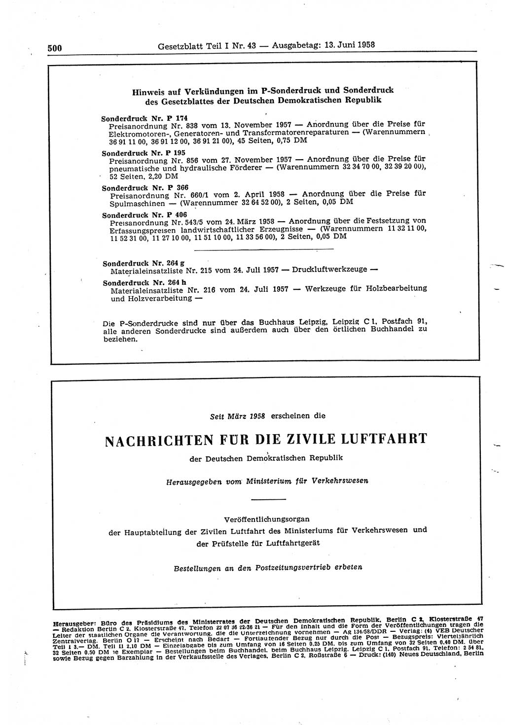 Gesetzblatt (GBl.) der Deutschen Demokratischen Republik (DDR) Teil Ⅰ 1958, Seite 500 (GBl. DDR Ⅰ 1958, S. 500)