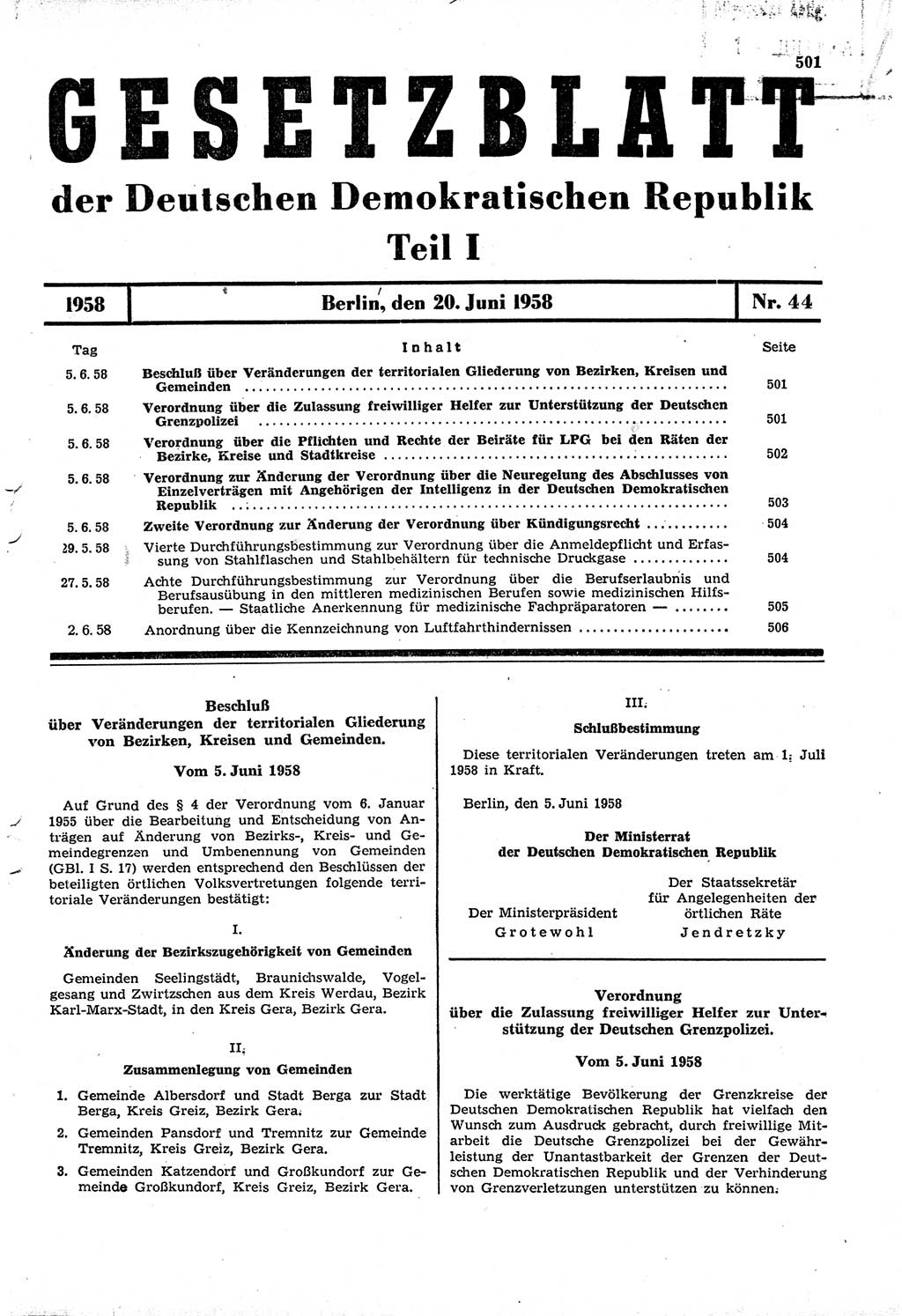 Gesetzblatt (GBl.) der Deutschen Demokratischen Republik (DDR) Teil Ⅰ 1958, Seite 501 (GBl. DDR Ⅰ 1958, S. 501)