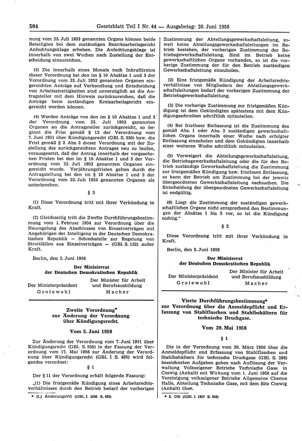 Gesetzblatt (GBl.) der Deutschen Demokratischen Republik (DDR) Teil Ⅰ 1958, Seite 504 (GBl. DDR Ⅰ 1958, S. 504)