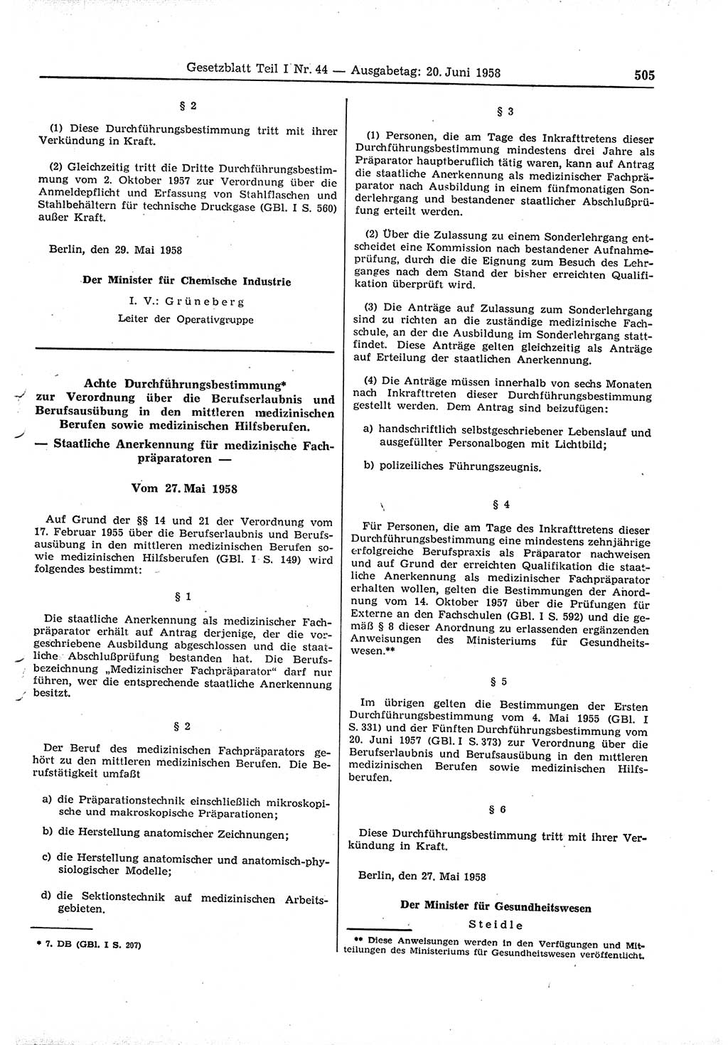 Gesetzblatt (GBl.) der Deutschen Demokratischen Republik (DDR) Teil Ⅰ 1958, Seite 505 (GBl. DDR Ⅰ 1958, S. 505)