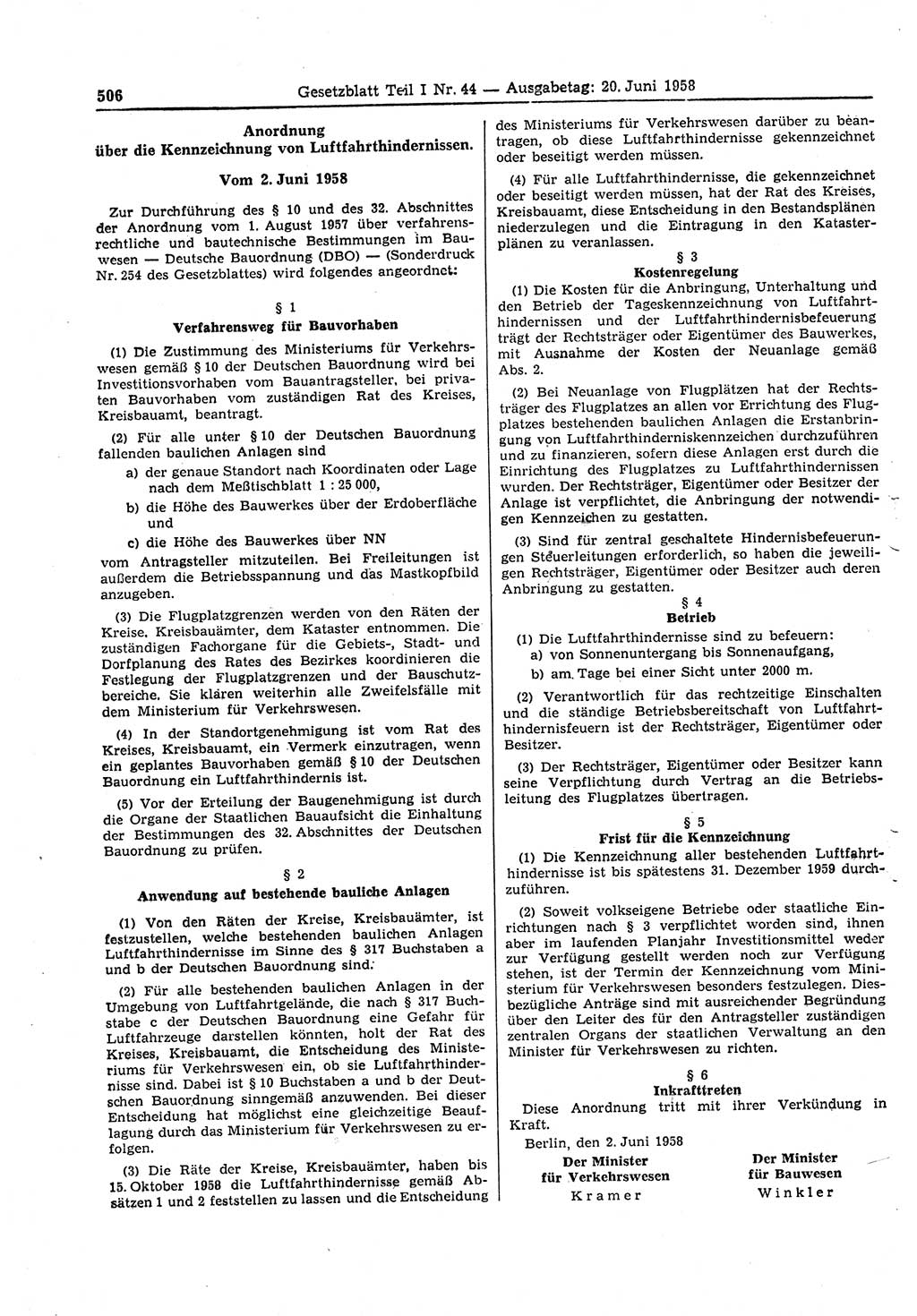 Gesetzblatt (GBl.) der Deutschen Demokratischen Republik (DDR) Teil Ⅰ 1958, Seite 506 (GBl. DDR Ⅰ 1958, S. 506)