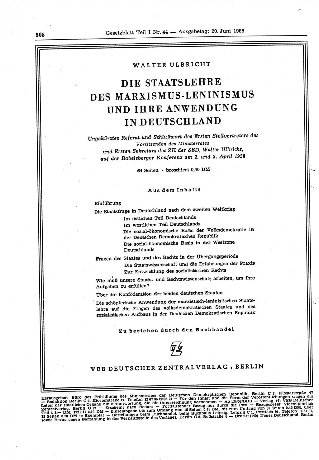 Gesetzblatt (GBl.) der Deutschen Demokratischen Republik (DDR) Teil Ⅰ 1958, Seite 508 (GBl. DDR Ⅰ 1958, S. 508)