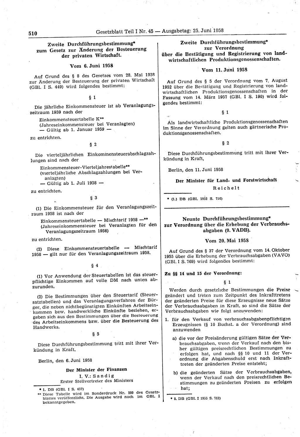 Gesetzblatt (GBl.) der Deutschen Demokratischen Republik (DDR) Teil Ⅰ 1958, Seite 510 (GBl. DDR Ⅰ 1958, S. 510)