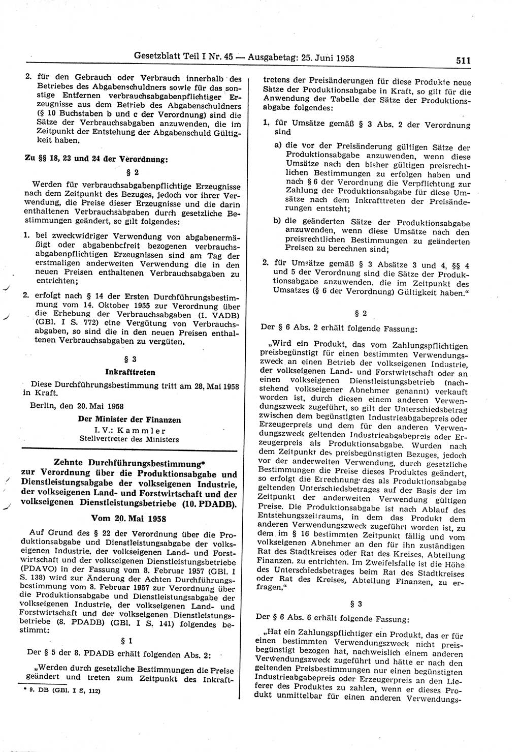 Gesetzblatt (GBl.) der Deutschen Demokratischen Republik (DDR) Teil Ⅰ 1958, Seite 511 (GBl. DDR Ⅰ 1958, S. 511)