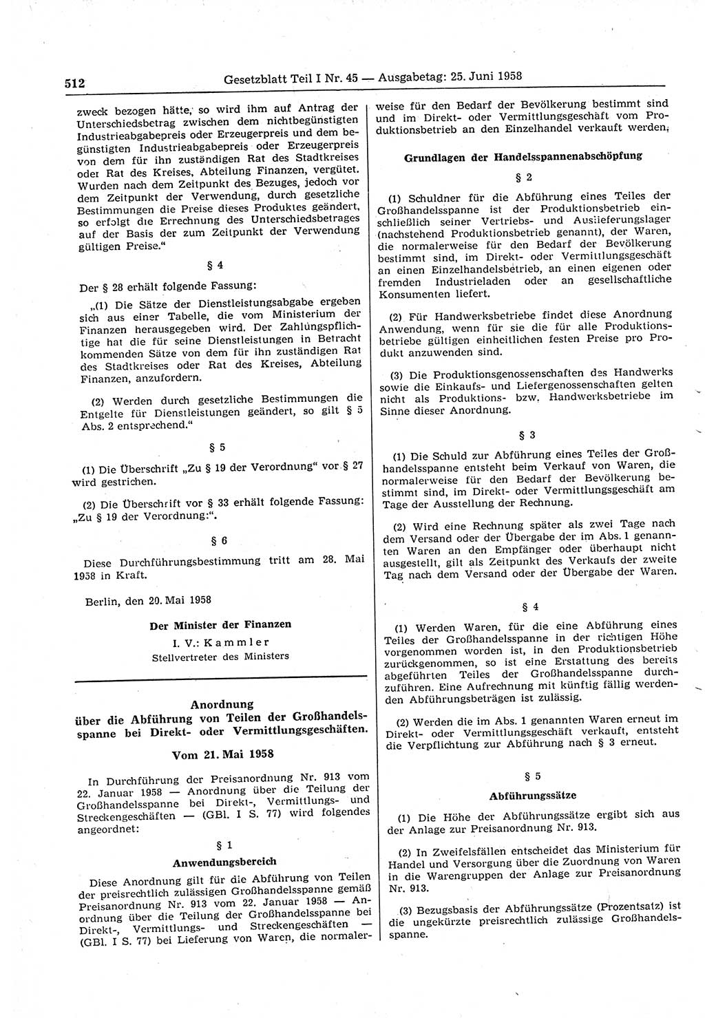 Gesetzblatt (GBl.) der Deutschen Demokratischen Republik (DDR) Teil Ⅰ 1958, Seite 512 (GBl. DDR Ⅰ 1958, S. 512)