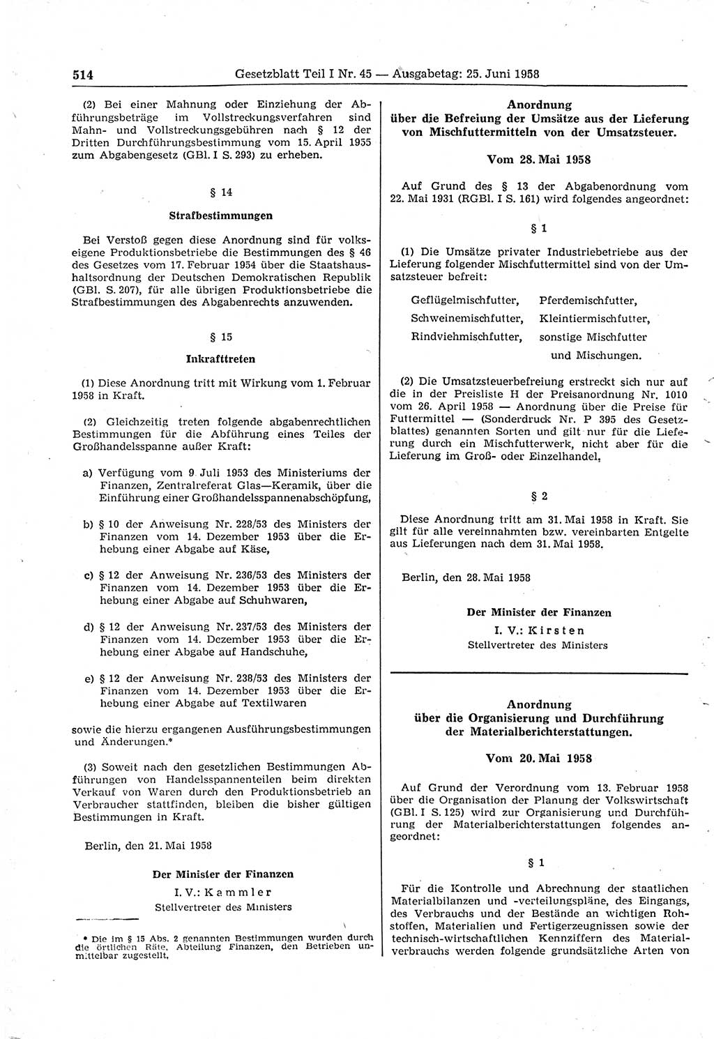 Gesetzblatt (GBl.) der Deutschen Demokratischen Republik (DDR) Teil Ⅰ 1958, Seite 514 (GBl. DDR Ⅰ 1958, S. 514)