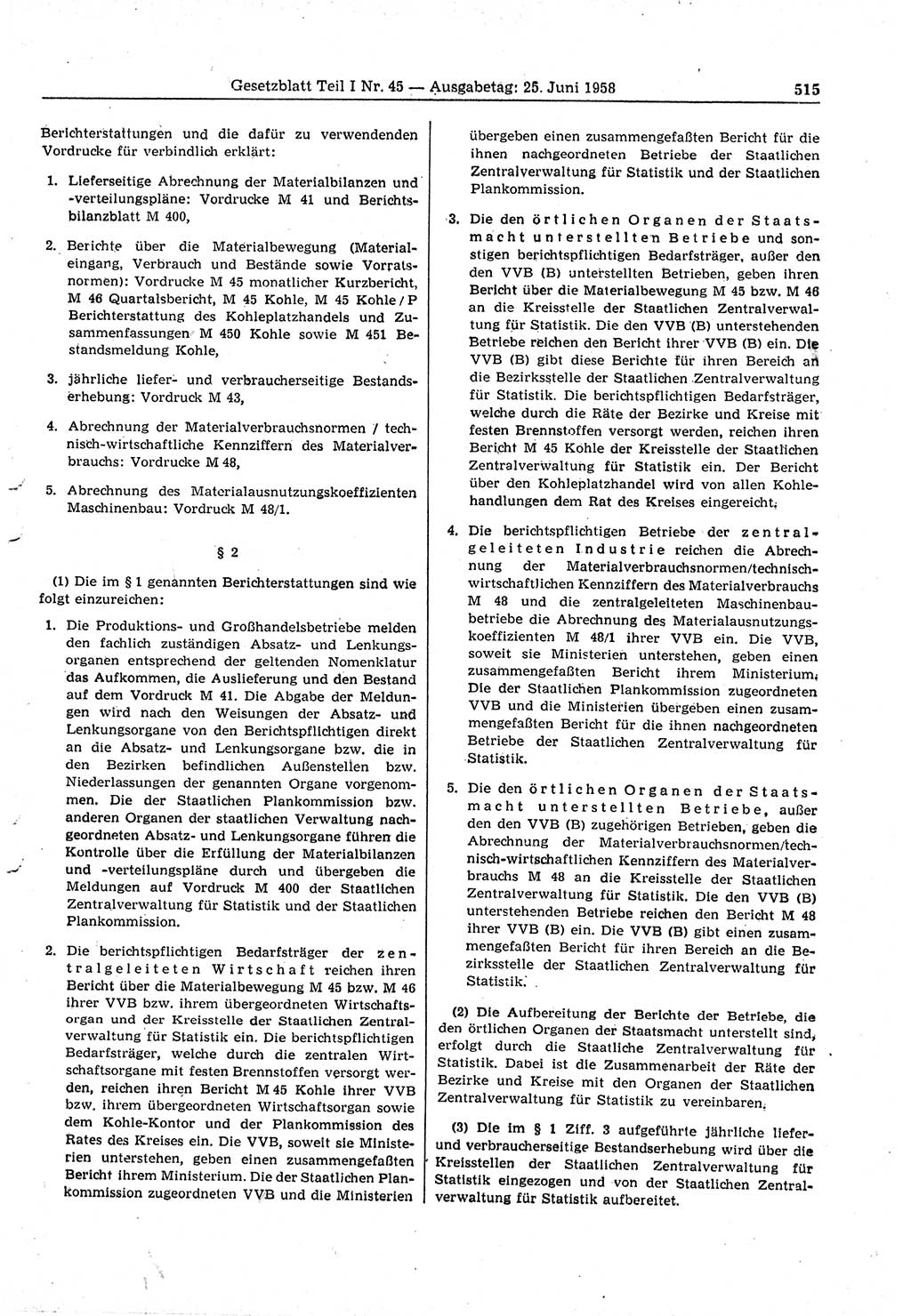 Gesetzblatt (GBl.) der Deutschen Demokratischen Republik (DDR) Teil Ⅰ 1958, Seite 515 (GBl. DDR Ⅰ 1958, S. 515)