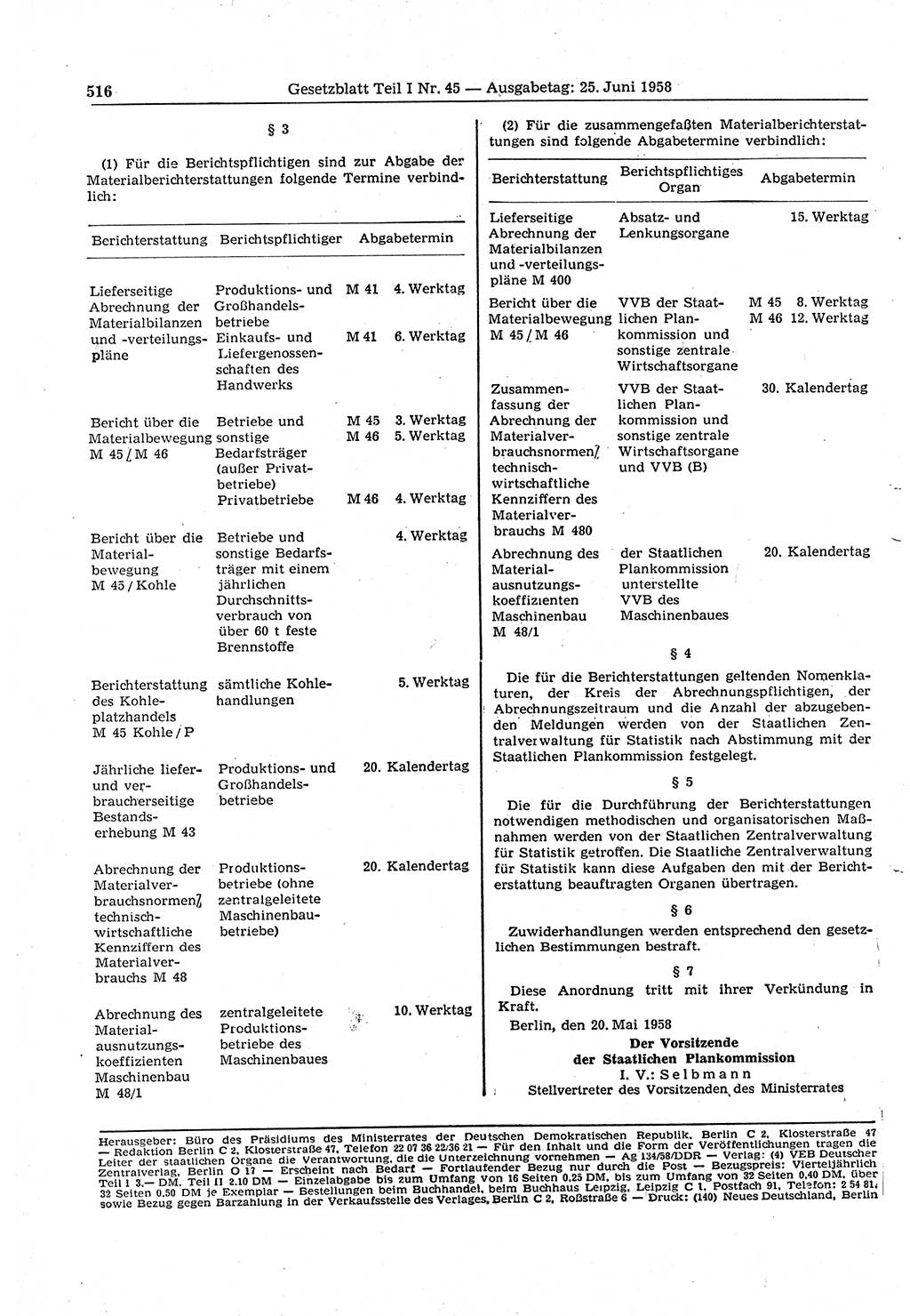 Gesetzblatt (GBl.) der Deutschen Demokratischen Republik (DDR) Teil Ⅰ 1958, Seite 516 (GBl. DDR Ⅰ 1958, S. 516)