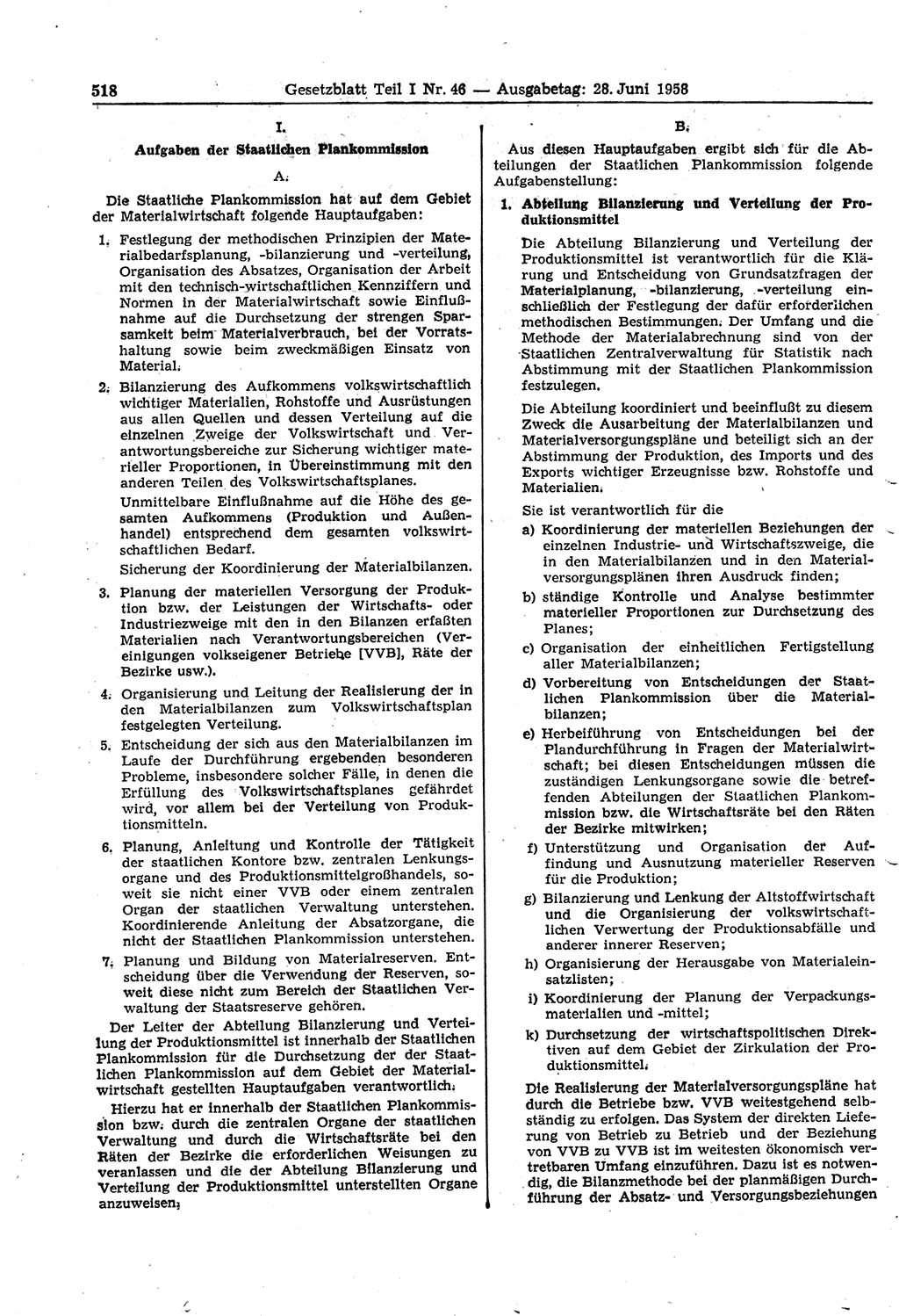 Gesetzblatt (GBl.) der Deutschen Demokratischen Republik (DDR) Teil Ⅰ 1958, Seite 518 (GBl. DDR Ⅰ 1958, S. 518)