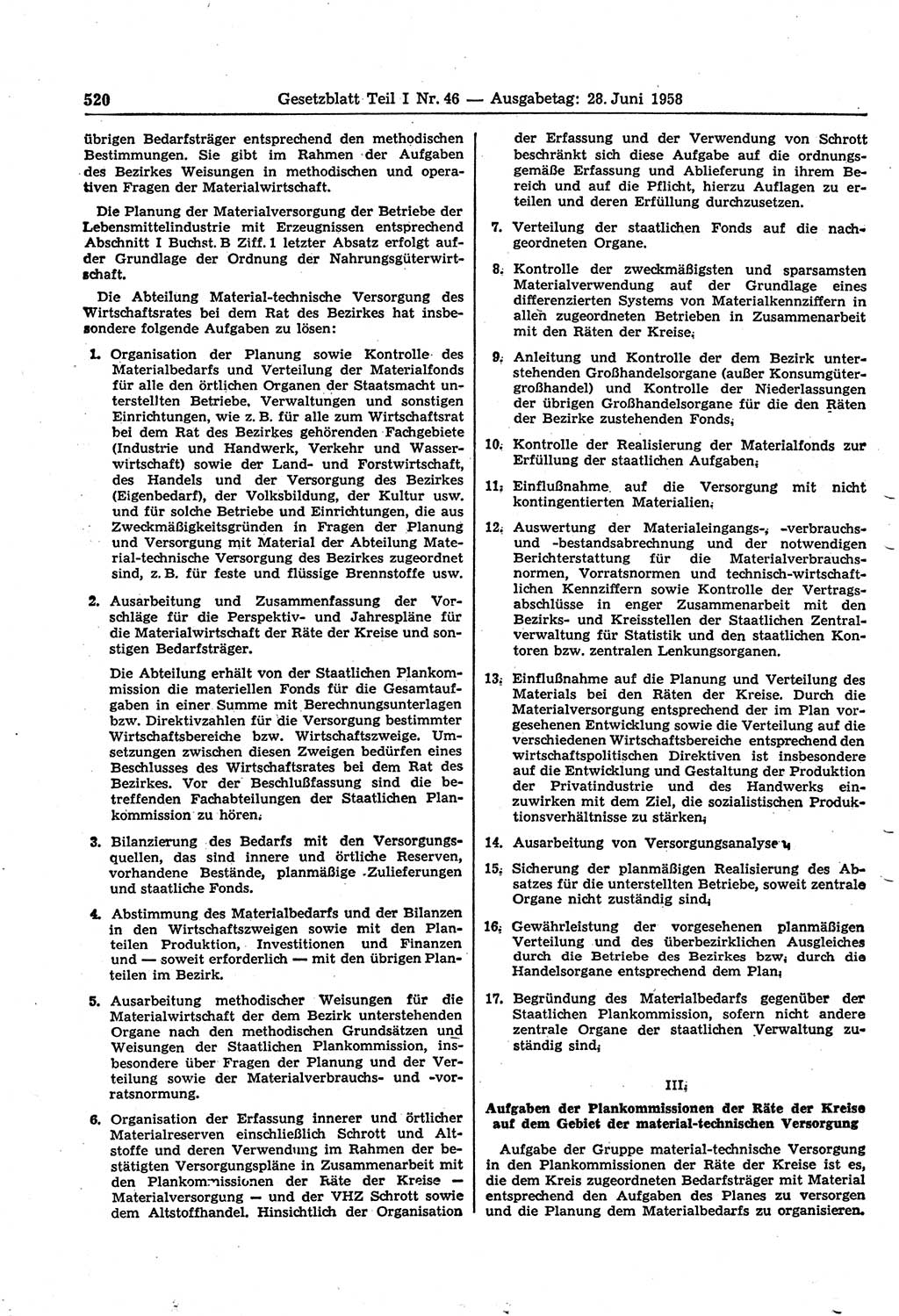 Gesetzblatt (GBl.) der Deutschen Demokratischen Republik (DDR) Teil Ⅰ 1958, Seite 520 (GBl. DDR Ⅰ 1958, S. 520)