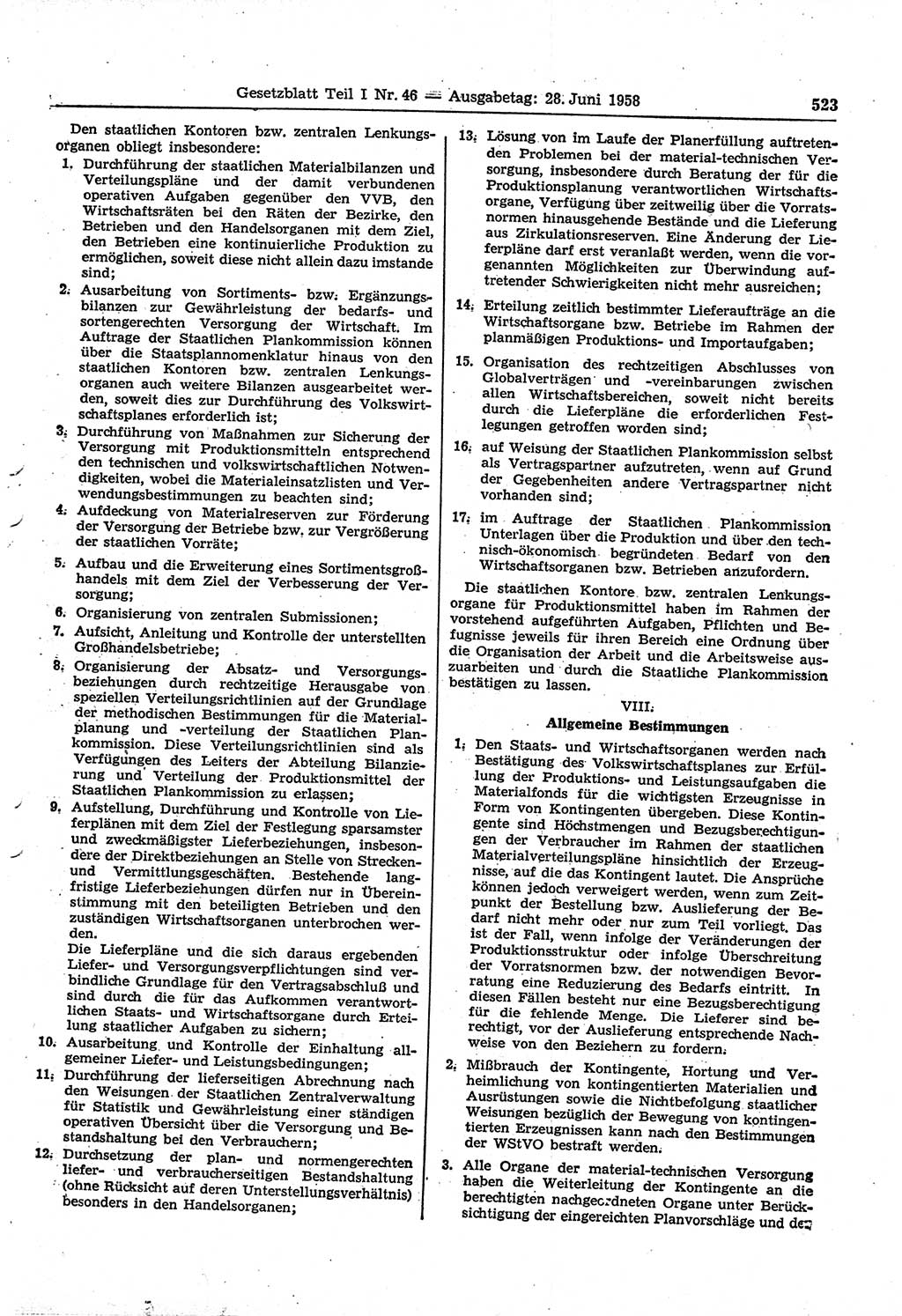 Gesetzblatt (GBl.) der Deutschen Demokratischen Republik (DDR) Teil Ⅰ 1958, Seite 523 (GBl. DDR Ⅰ 1958, S. 523)