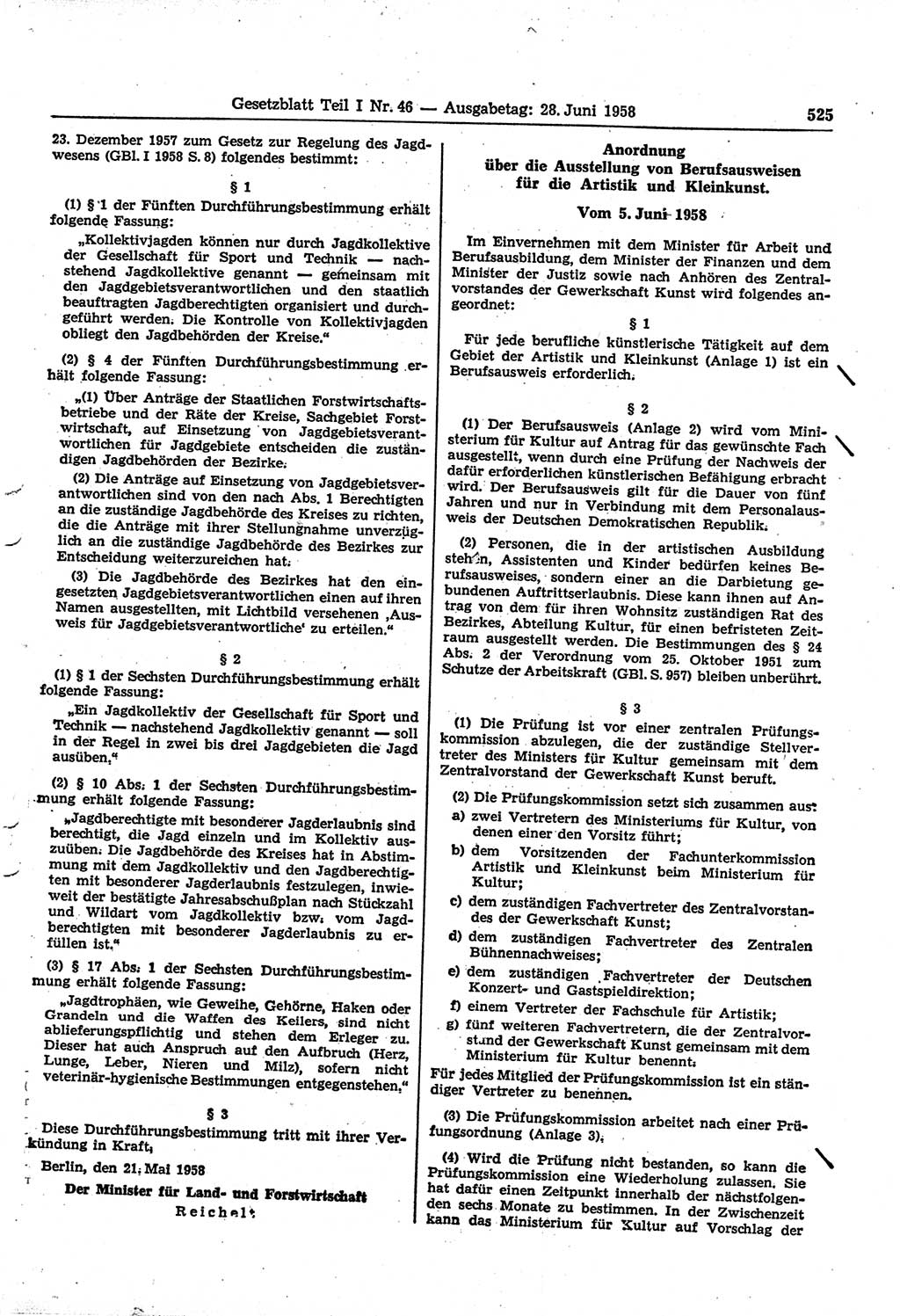 Gesetzblatt (GBl.) der Deutschen Demokratischen Republik (DDR) Teil Ⅰ 1958, Seite 525 (GBl. DDR Ⅰ 1958, S. 525)