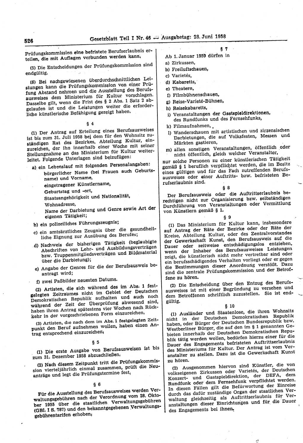 Gesetzblatt (GBl.) der Deutschen Demokratischen Republik (DDR) Teil Ⅰ 1958, Seite 526 (GBl. DDR Ⅰ 1958, S. 526)