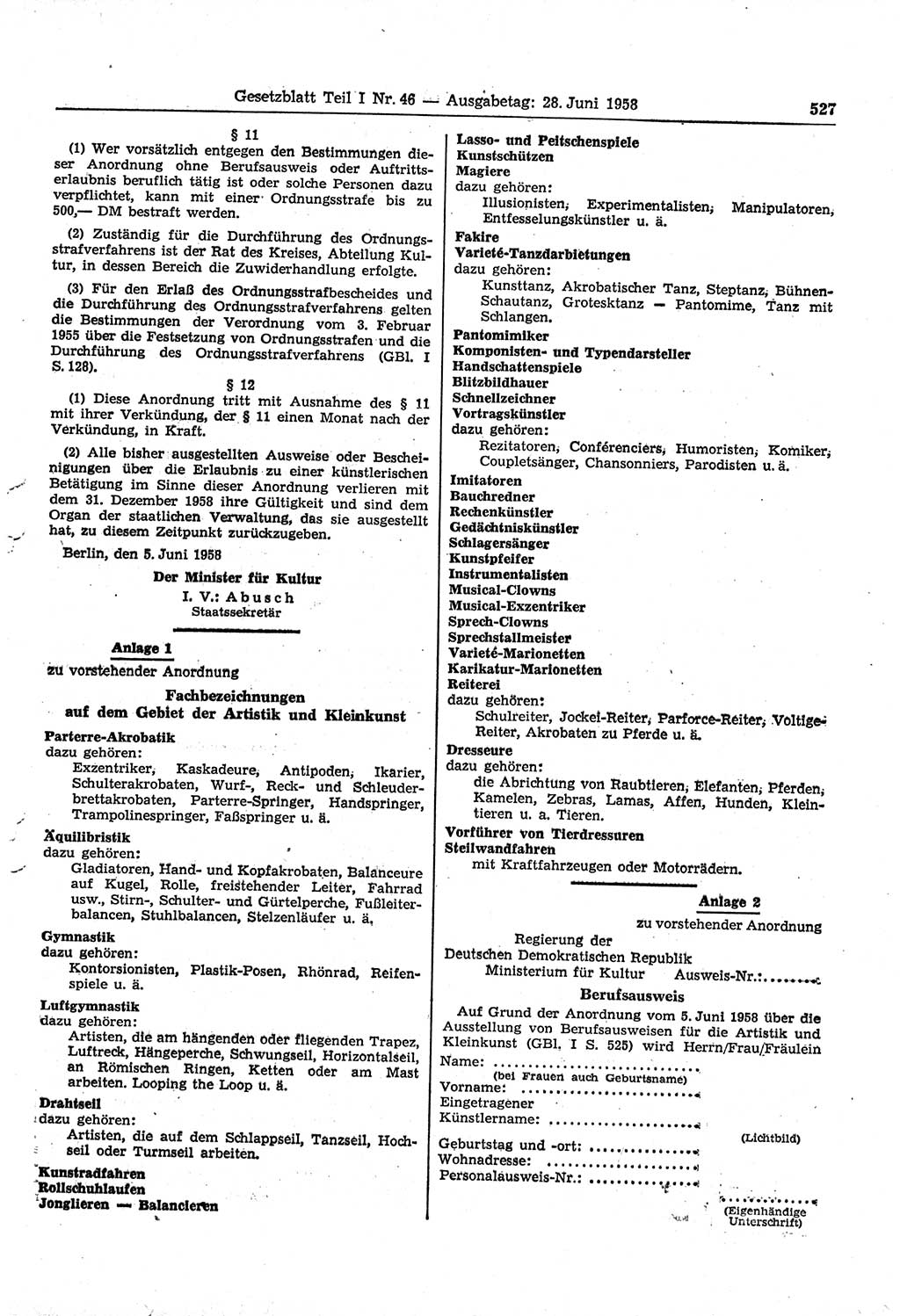 Gesetzblatt (GBl.) der Deutschen Demokratischen Republik (DDR) Teil Ⅰ 1958, Seite 527 (GBl. DDR Ⅰ 1958, S. 527)