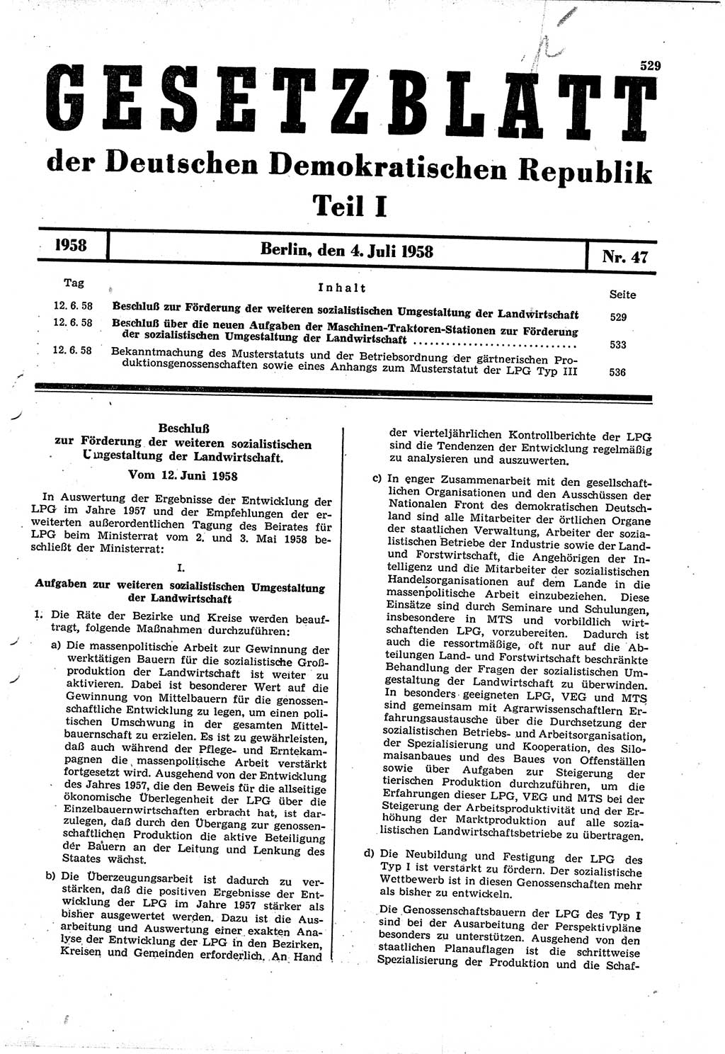 Gesetzblatt (GBl.) der Deutschen Demokratischen Republik (DDR) Teil Ⅰ 1958, Seite 529 (GBl. DDR Ⅰ 1958, S. 529)