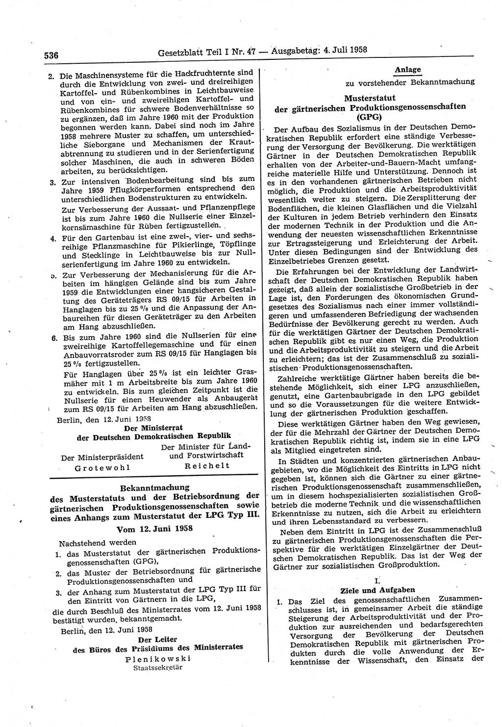 Gesetzblatt (GBl.) der Deutschen Demokratischen Republik (DDR) Teil Ⅰ 1958, Seite 536 (GBl. DDR Ⅰ 1958, S. 536)