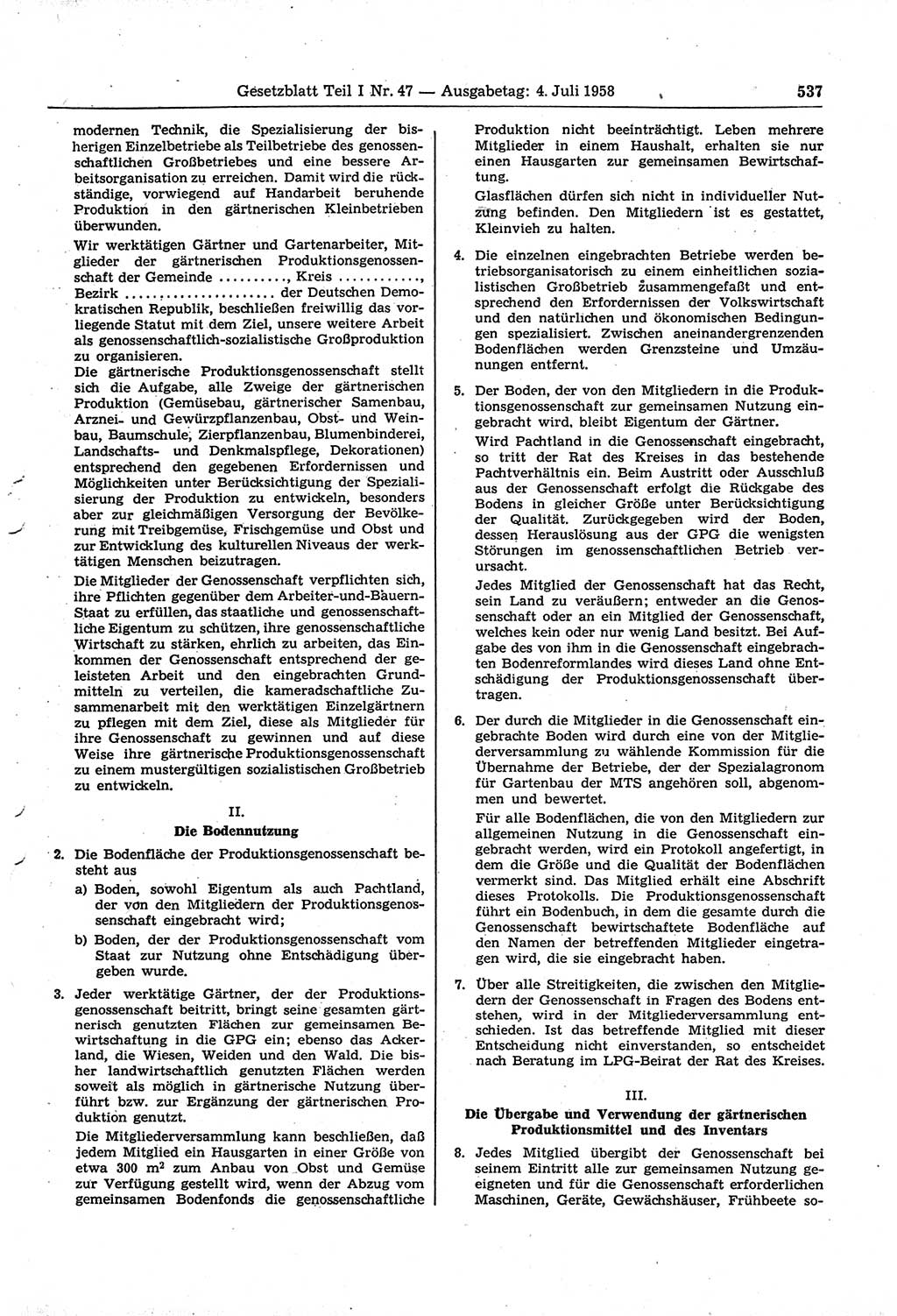 Gesetzblatt (GBl.) der Deutschen Demokratischen Republik (DDR) Teil Ⅰ 1958, Seite 537 (GBl. DDR Ⅰ 1958, S. 537)
