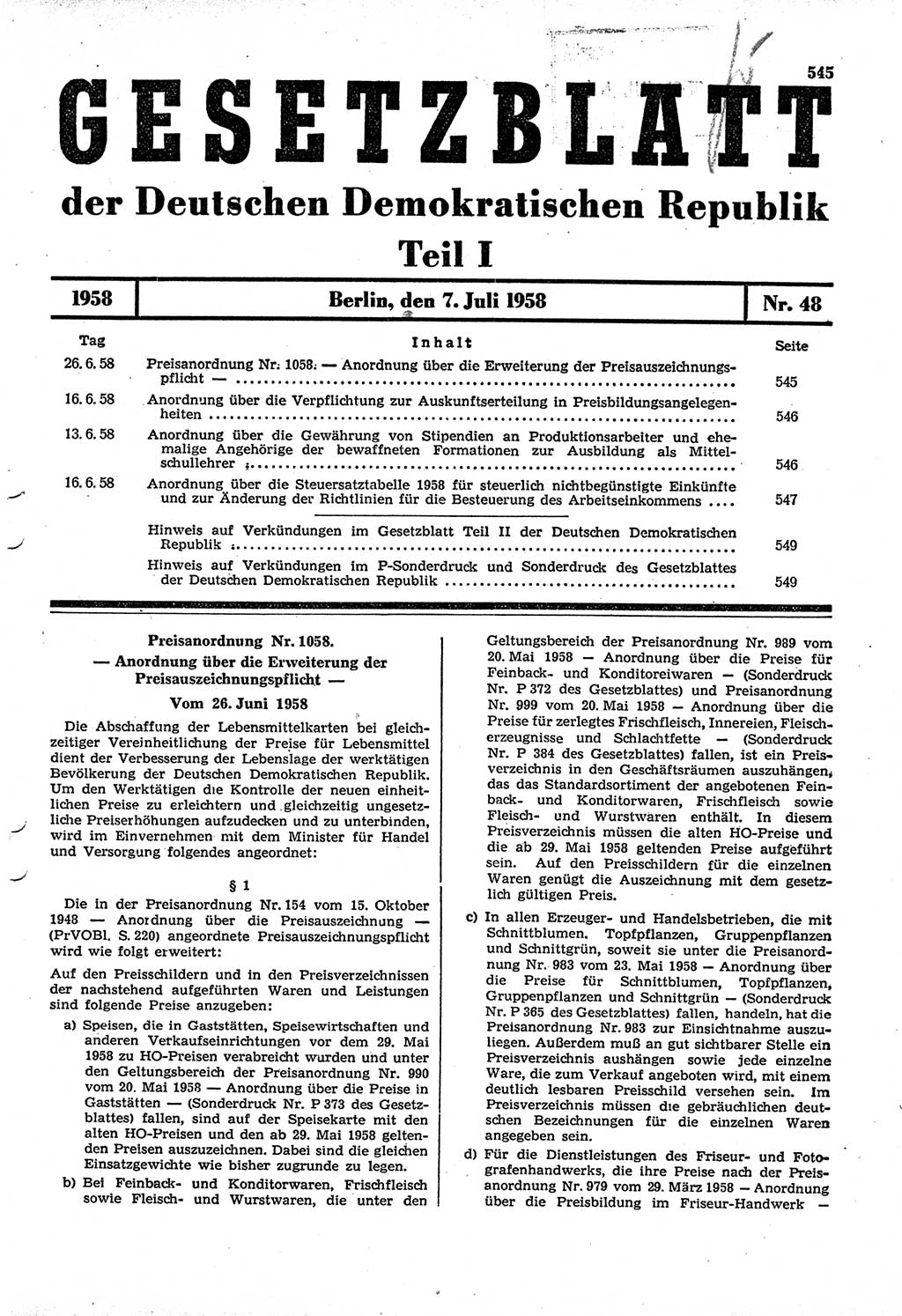 Gesetzblatt (GBl.) der Deutschen Demokratischen Republik (DDR) Teil Ⅰ 1958, Seite 545 (GBl. DDR Ⅰ 1958, S. 545)
