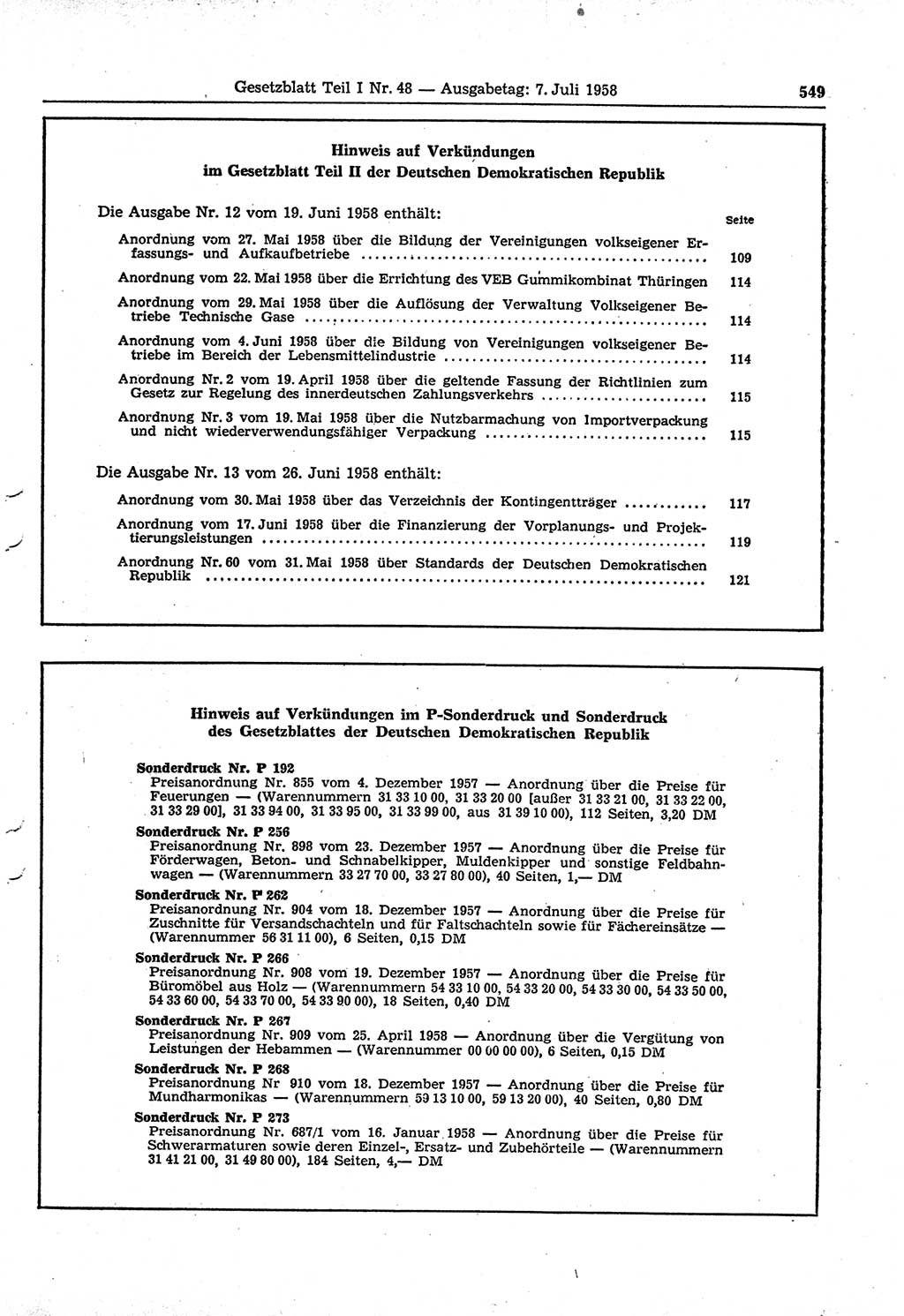 Gesetzblatt (GBl.) der Deutschen Demokratischen Republik (DDR) Teil Ⅰ 1958, Seite 549 (GBl. DDR Ⅰ 1958, S. 549)
