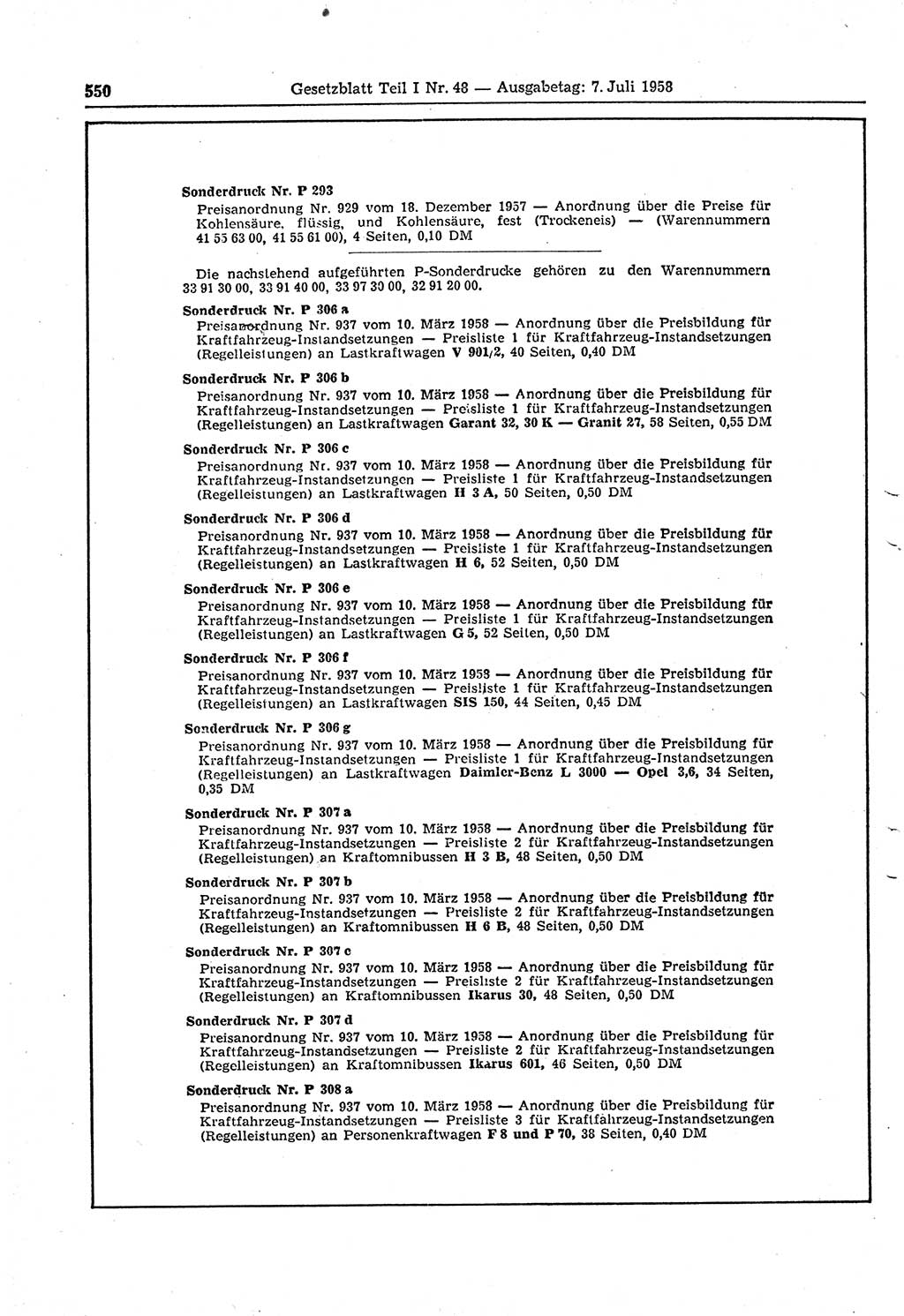 Gesetzblatt (GBl.) der Deutschen Demokratischen Republik (DDR) Teil Ⅰ 1958, Seite 550 (GBl. DDR Ⅰ 1958, S. 550)