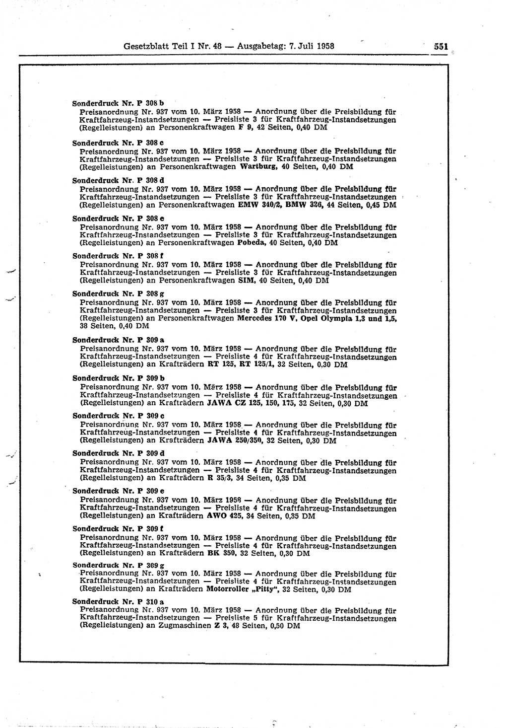 Gesetzblatt (GBl.) der Deutschen Demokratischen Republik (DDR) Teil Ⅰ 1958, Seite 551 (GBl. DDR Ⅰ 1958, S. 551)