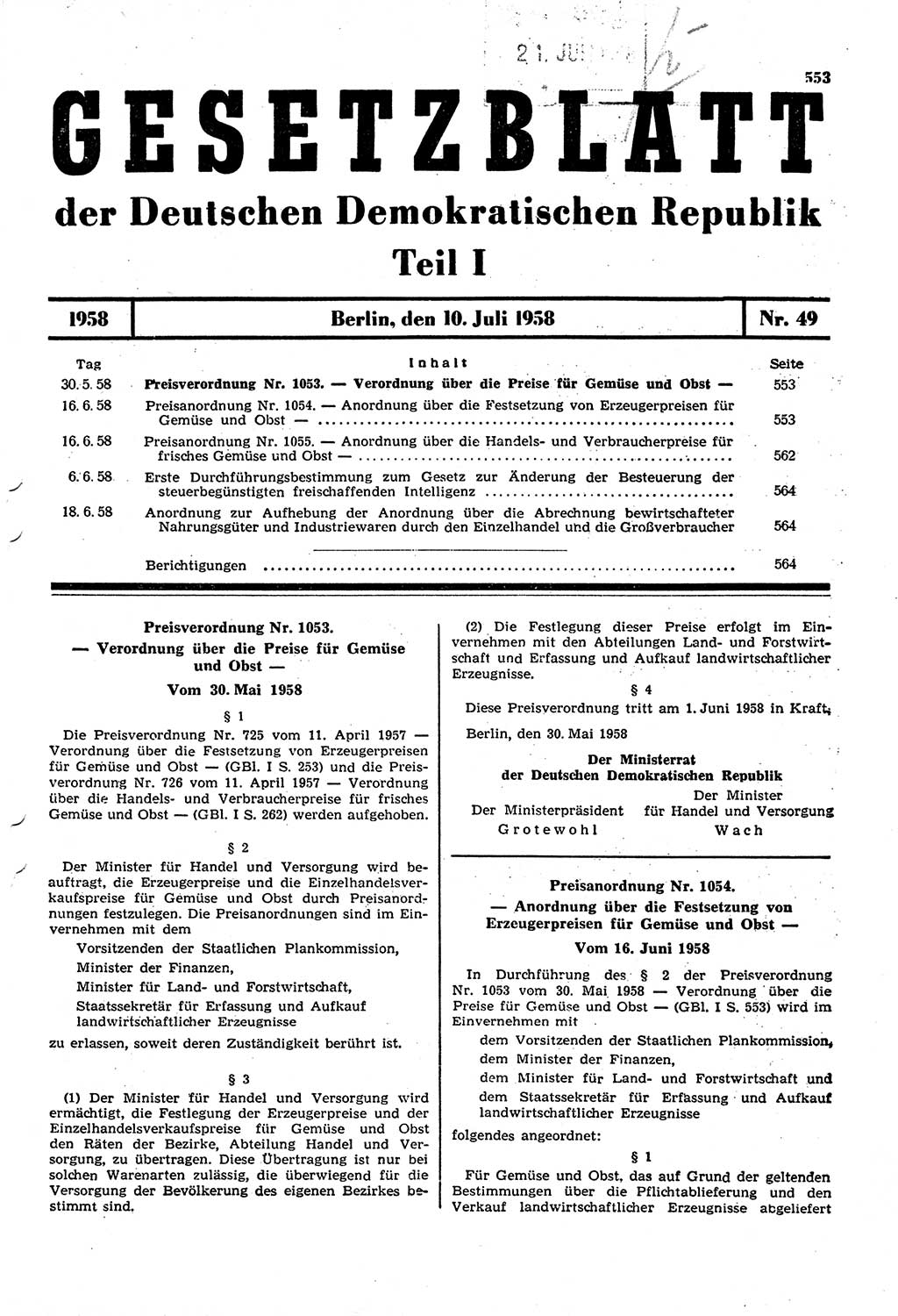 Gesetzblatt (GBl.) der Deutschen Demokratischen Republik (DDR) Teil Ⅰ 1958, Seite 553 (GBl. DDR Ⅰ 1958, S. 553)