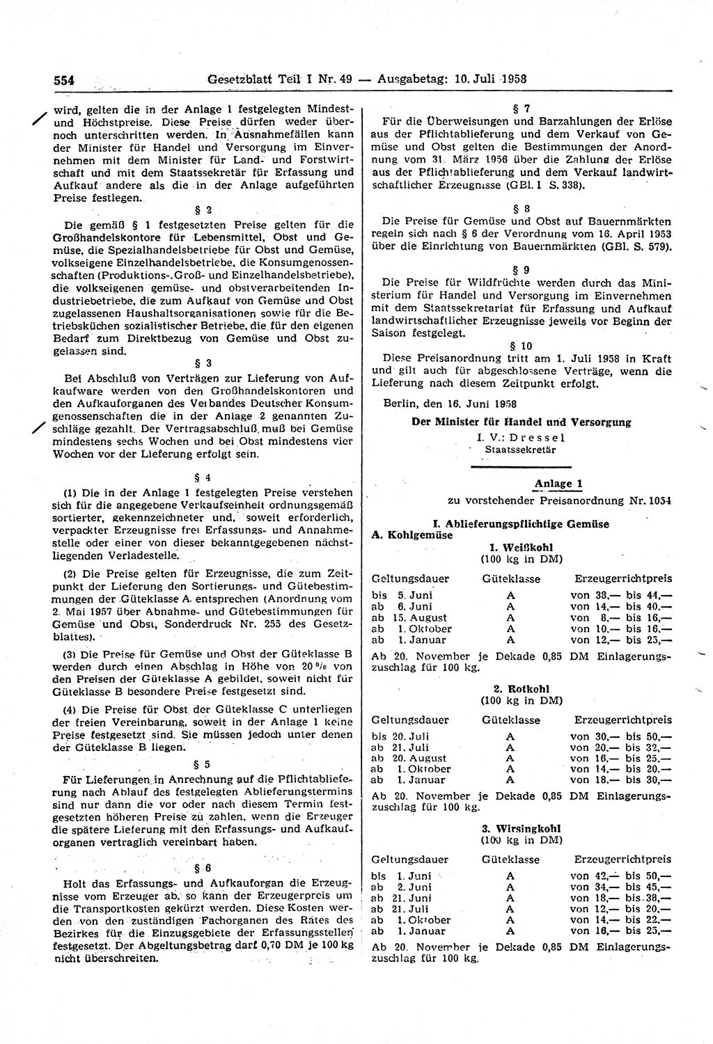 Gesetzblatt (GBl.) der Deutschen Demokratischen Republik (DDR) Teil Ⅰ 1958, Seite 554 (GBl. DDR Ⅰ 1958, S. 554)