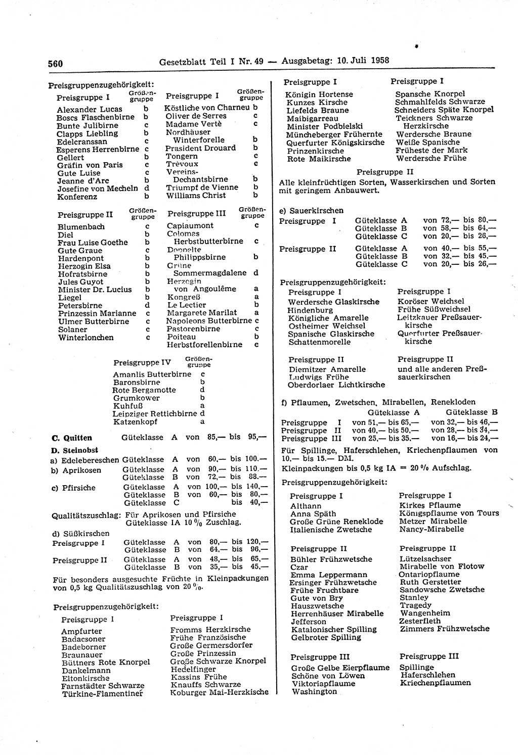 Gesetzblatt (GBl.) der Deutschen Demokratischen Republik (DDR) Teil Ⅰ 1958, Seite 560 (GBl. DDR Ⅰ 1958, S. 560)