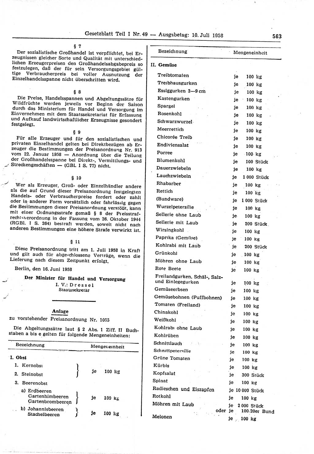 Gesetzblatt (GBl.) der Deutschen Demokratischen Republik (DDR) Teil Ⅰ 1958, Seite 563 (GBl. DDR Ⅰ 1958, S. 563)