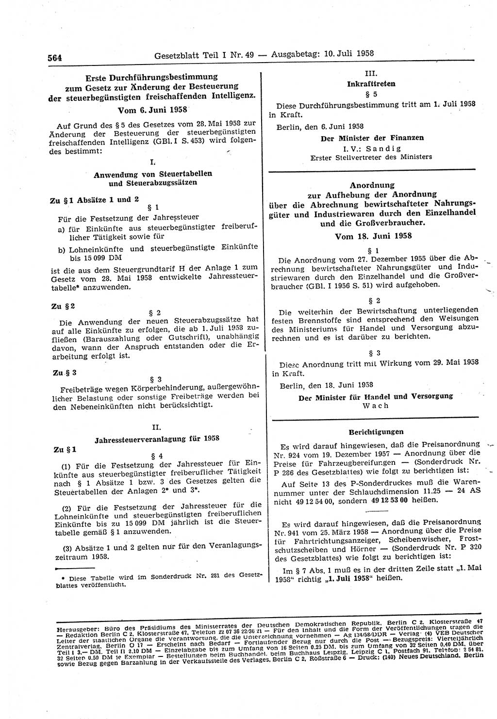 Gesetzblatt (GBl.) der Deutschen Demokratischen Republik (DDR) Teil Ⅰ 1958, Seite 564 (GBl. DDR Ⅰ 1958, S. 564)