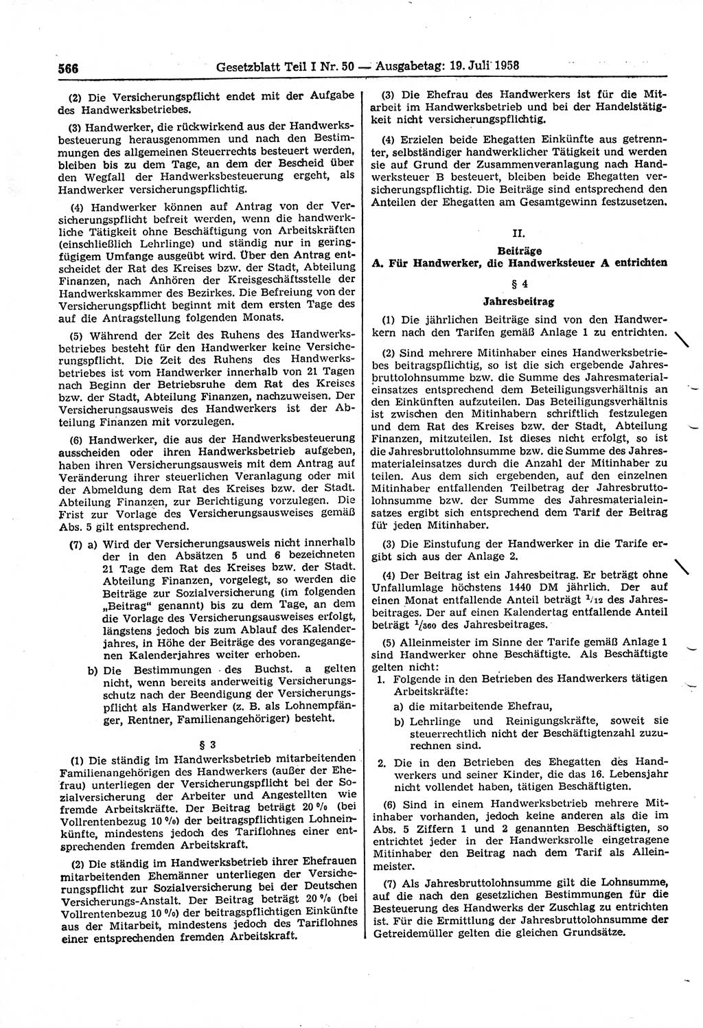 Gesetzblatt (GBl.) der Deutschen Demokratischen Republik (DDR) Teil Ⅰ 1958, Seite 566 (GBl. DDR Ⅰ 1958, S. 566)