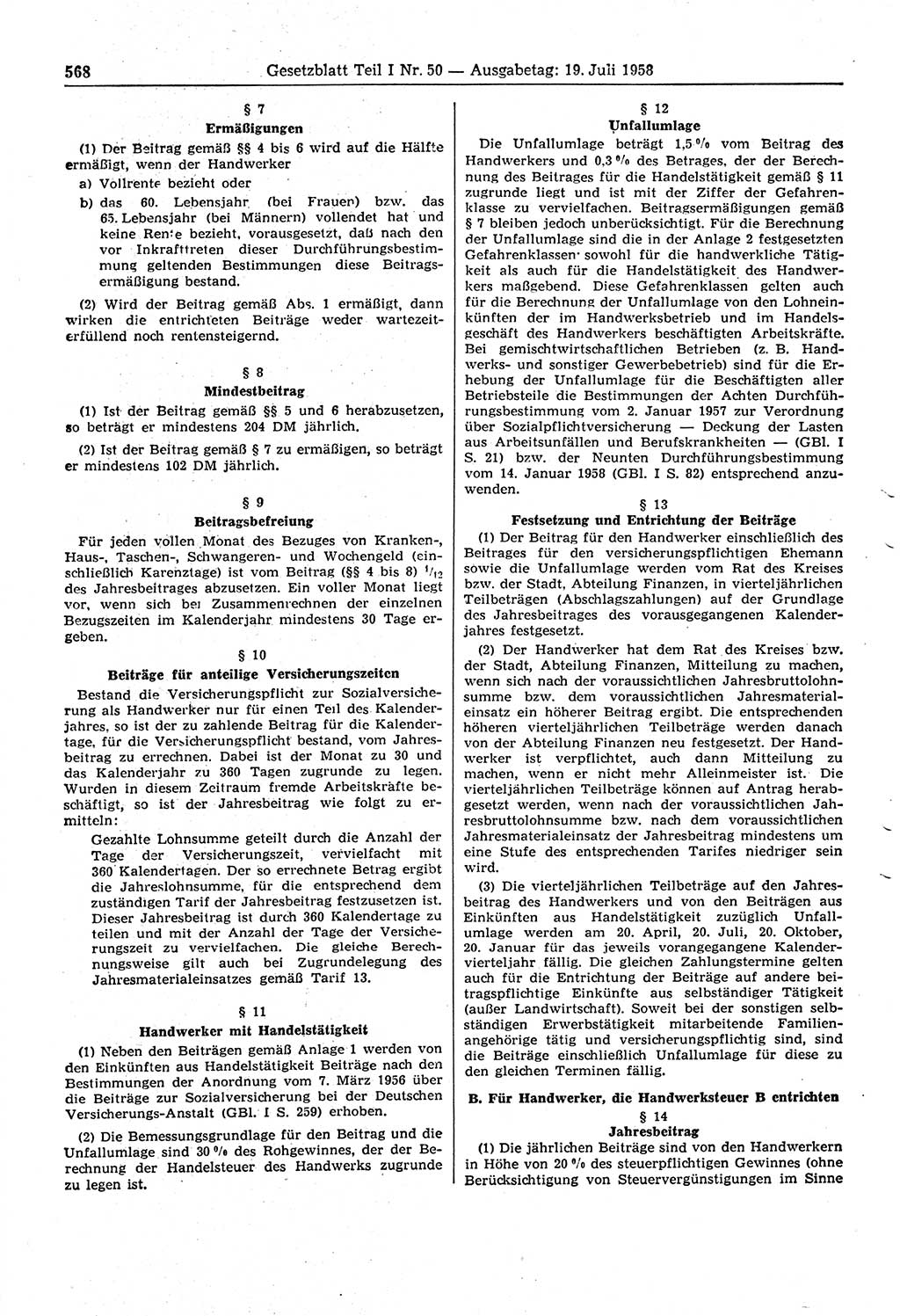 Gesetzblatt (GBl.) der Deutschen Demokratischen Republik (DDR) Teil Ⅰ 1958, Seite 568 (GBl. DDR Ⅰ 1958, S. 568)