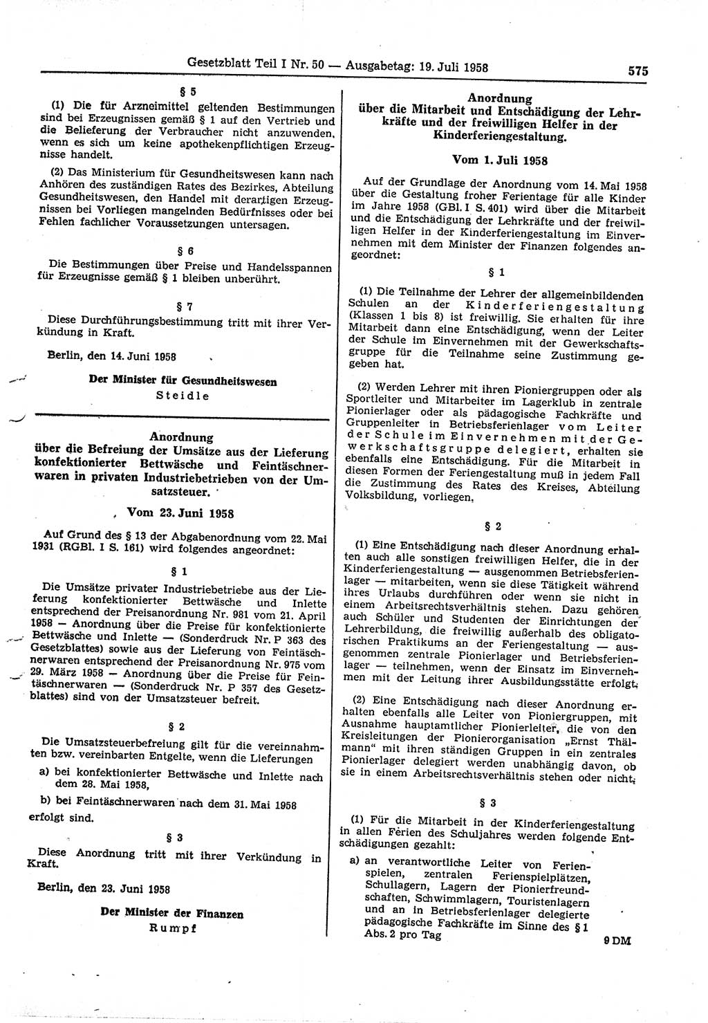 Gesetzblatt (GBl.) der Deutschen Demokratischen Republik (DDR) Teil Ⅰ 1958, Seite 575 (GBl. DDR Ⅰ 1958, S. 575)
