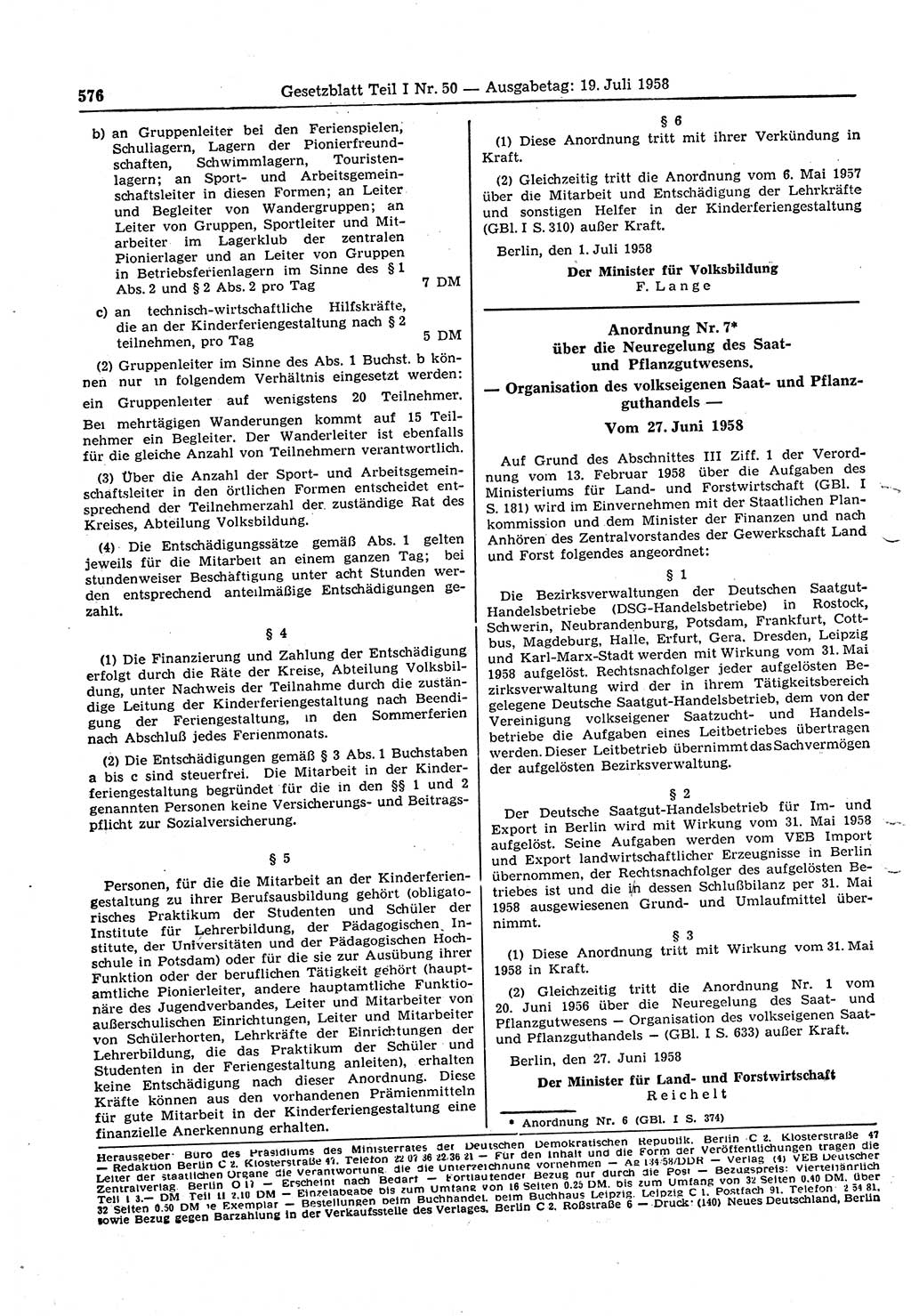 Gesetzblatt (GBl.) der Deutschen Demokratischen Republik (DDR) Teil Ⅰ 1958, Seite 576 (GBl. DDR Ⅰ 1958, S. 576)