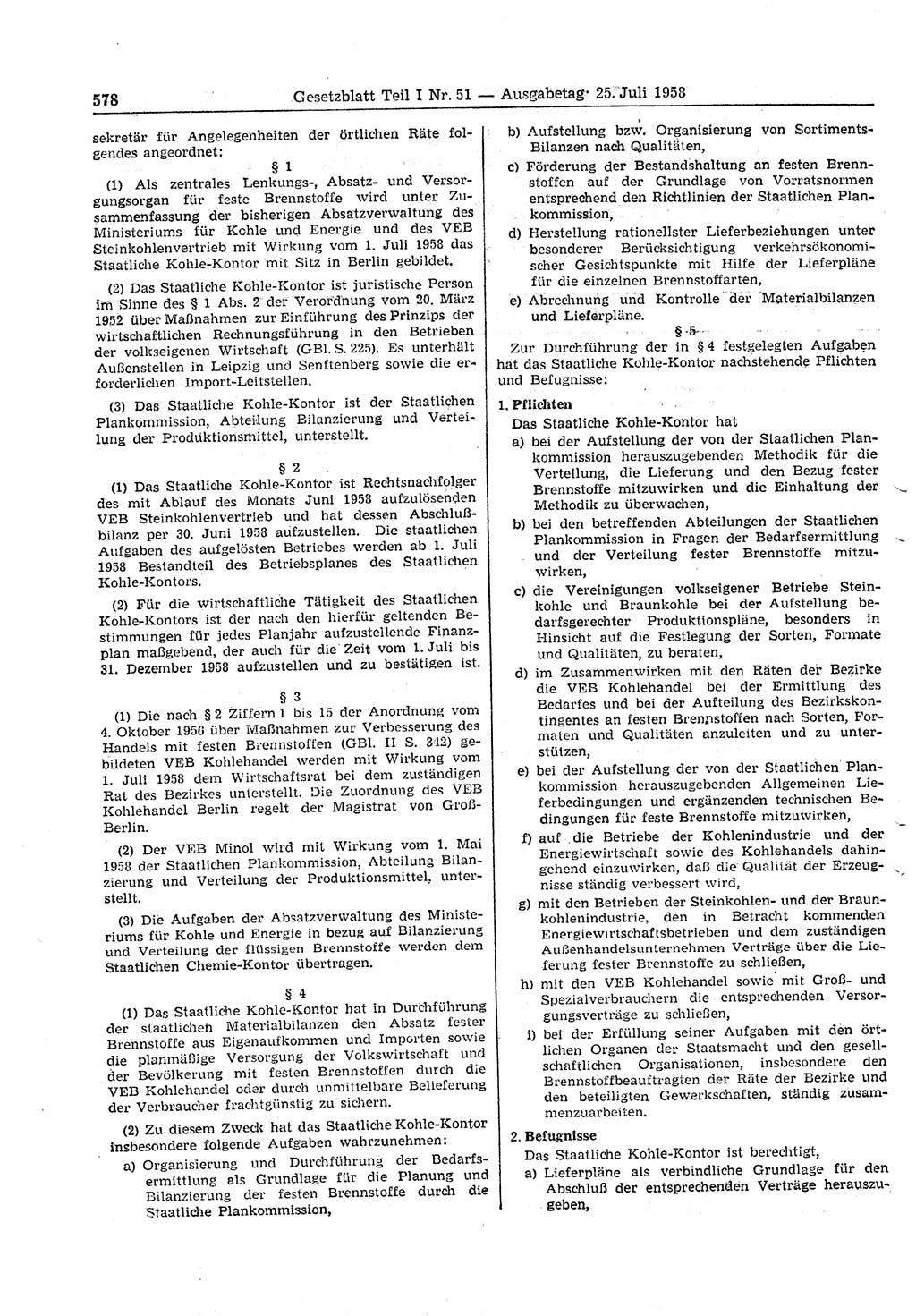 Gesetzblatt (GBl.) der Deutschen Demokratischen Republik (DDR) Teil Ⅰ 1958, Seite 578 (GBl. DDR Ⅰ 1958, S. 578)