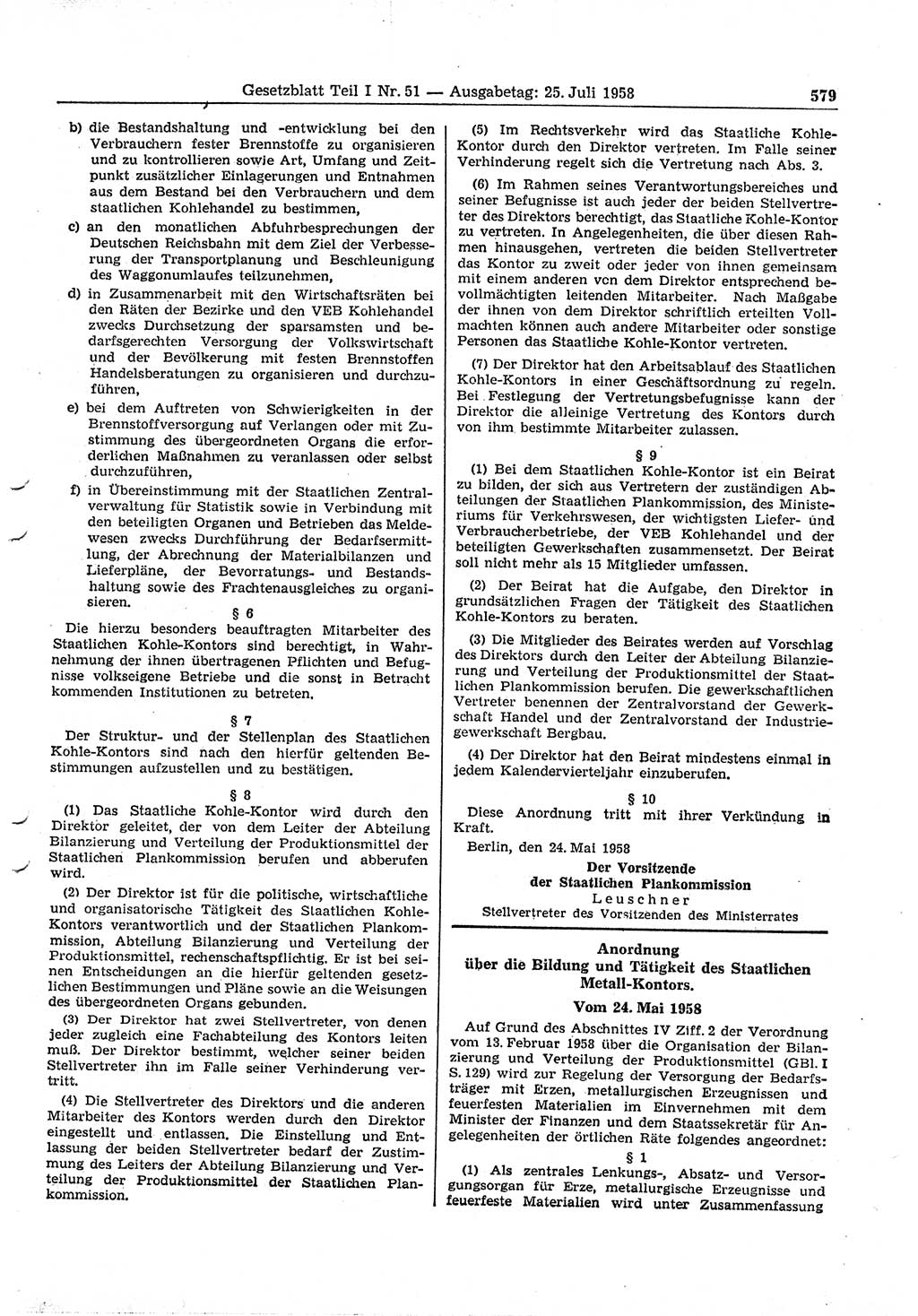 Gesetzblatt (GBl.) der Deutschen Demokratischen Republik (DDR) Teil Ⅰ 1958, Seite 579 (GBl. DDR Ⅰ 1958, S. 579)