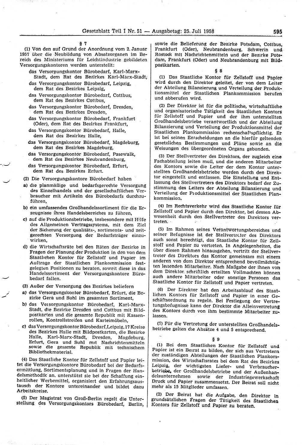 Gesetzblatt (GBl.) der Deutschen Demokratischen Republik (DDR) Teil Ⅰ 1958, Seite 595 (GBl. DDR Ⅰ 1958, S. 595)