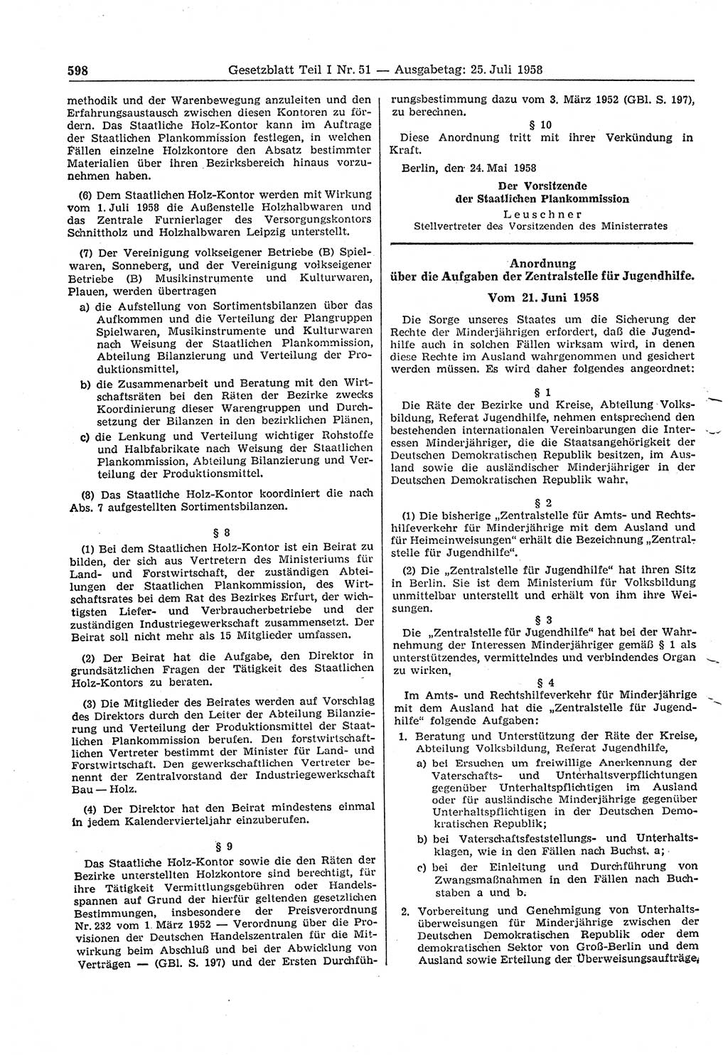 Gesetzblatt (GBl.) der Deutschen Demokratischen Republik (DDR) Teil Ⅰ 1958, Seite 598 (GBl. DDR Ⅰ 1958, S. 598)