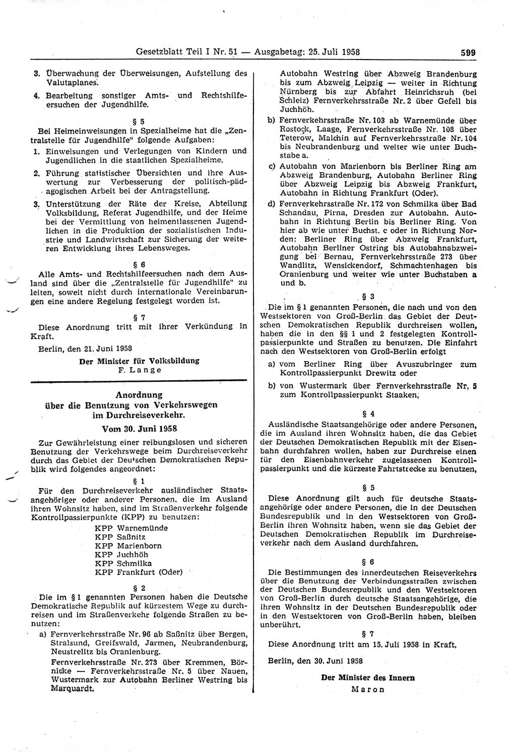 Gesetzblatt (GBl.) der Deutschen Demokratischen Republik (DDR) Teil Ⅰ 1958, Seite 599 (GBl. DDR Ⅰ 1958, S. 599)