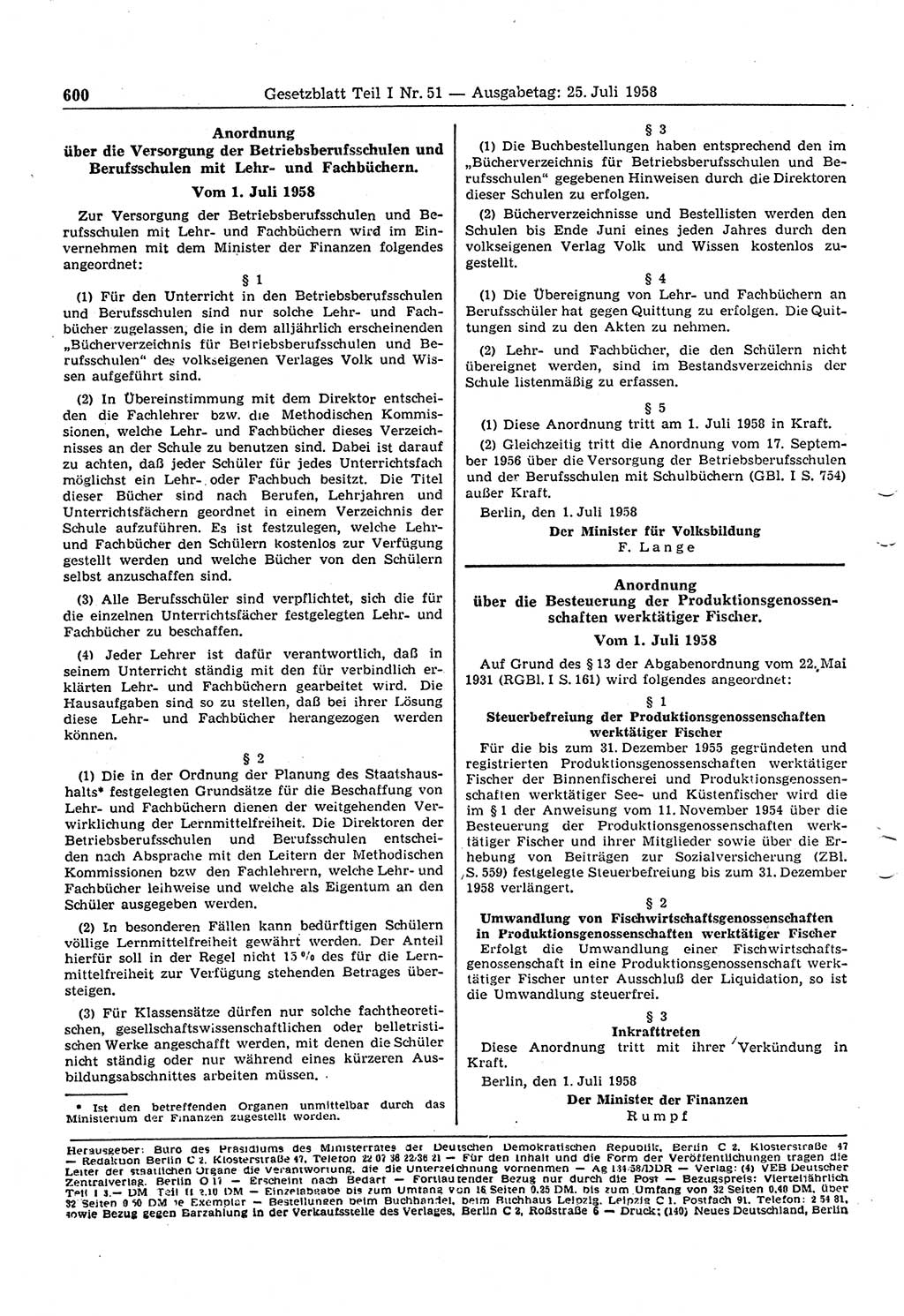 Gesetzblatt (GBl.) der Deutschen Demokratischen Republik (DDR) Teil Ⅰ 1958, Seite 600 (GBl. DDR Ⅰ 1958, S. 600)