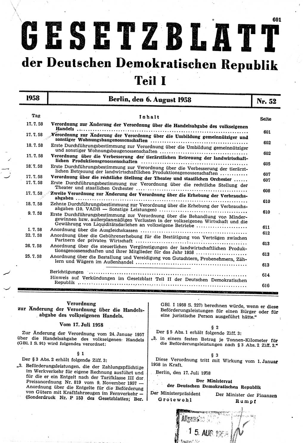 Gesetzblatt (GBl.) der Deutschen Demokratischen Republik (DDR) Teil Ⅰ 1958, Seite 601 (GBl. DDR Ⅰ 1958, S. 601)