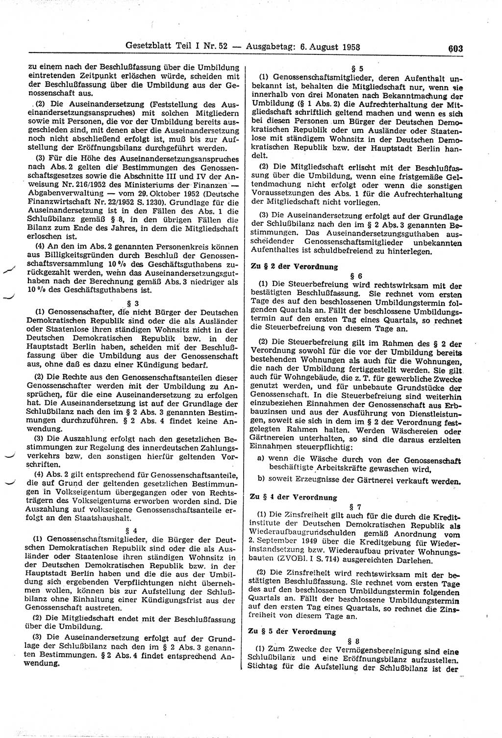 Gesetzblatt (GBl.) der Deutschen Demokratischen Republik (DDR) Teil Ⅰ 1958, Seite 603 (GBl. DDR Ⅰ 1958, S. 603)