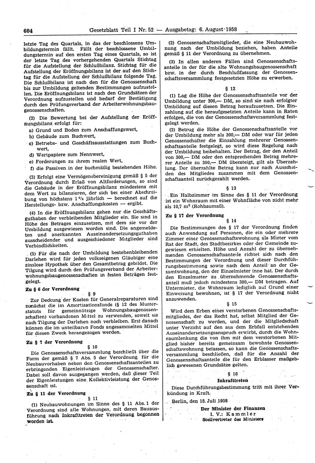 Gesetzblatt (GBl.) der Deutschen Demokratischen Republik (DDR) Teil Ⅰ 1958, Seite 604 (GBl. DDR Ⅰ 1958, S. 604)