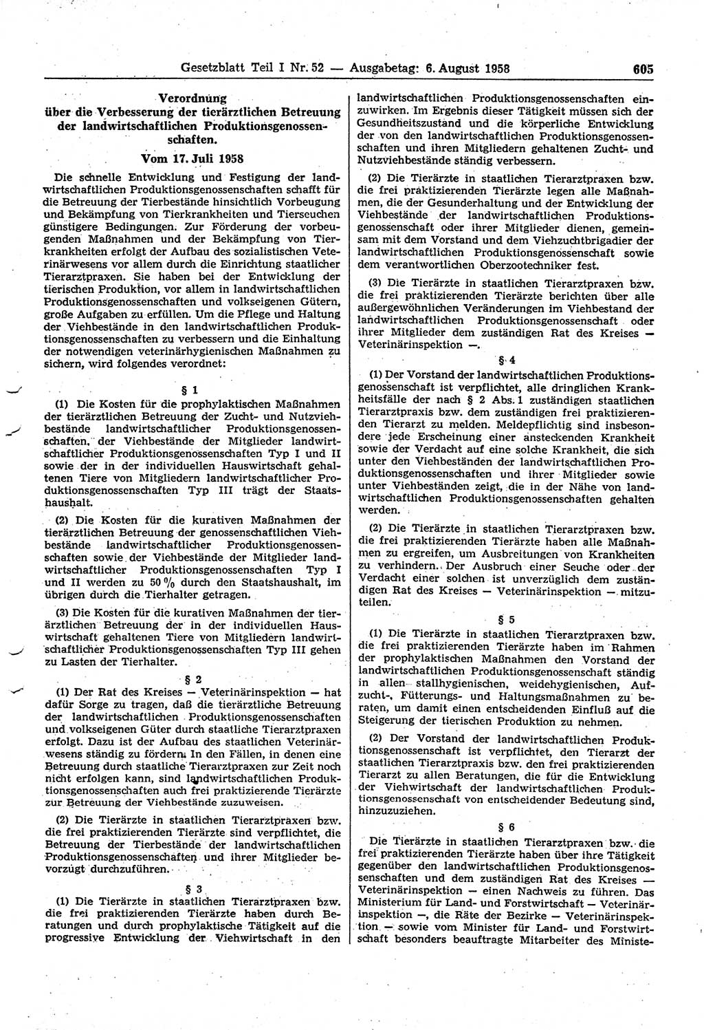 Gesetzblatt (GBl.) der Deutschen Demokratischen Republik (DDR) Teil Ⅰ 1958, Seite 605 (GBl. DDR Ⅰ 1958, S. 605)